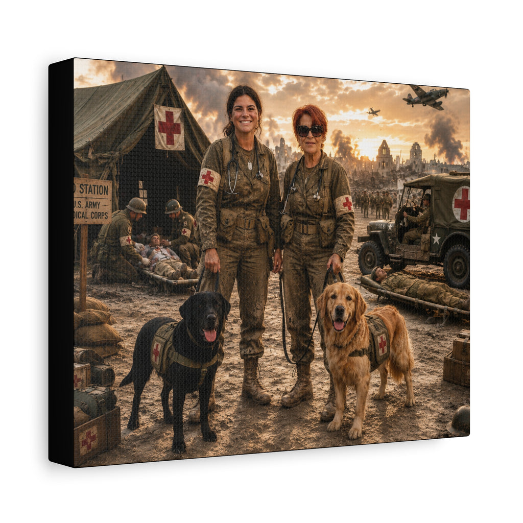 Military Women K9 Medics & Service Dogs Matte Canvas Print — Vintage Wartime Field Hospital Wall Art