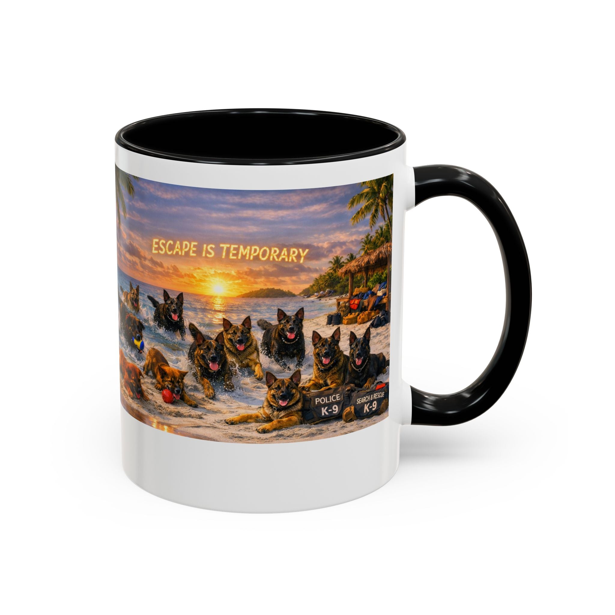 Dutch Shepherd Beach Coffee Mug — "Escape Is Temporary" Accent Mug (11/15oz)
