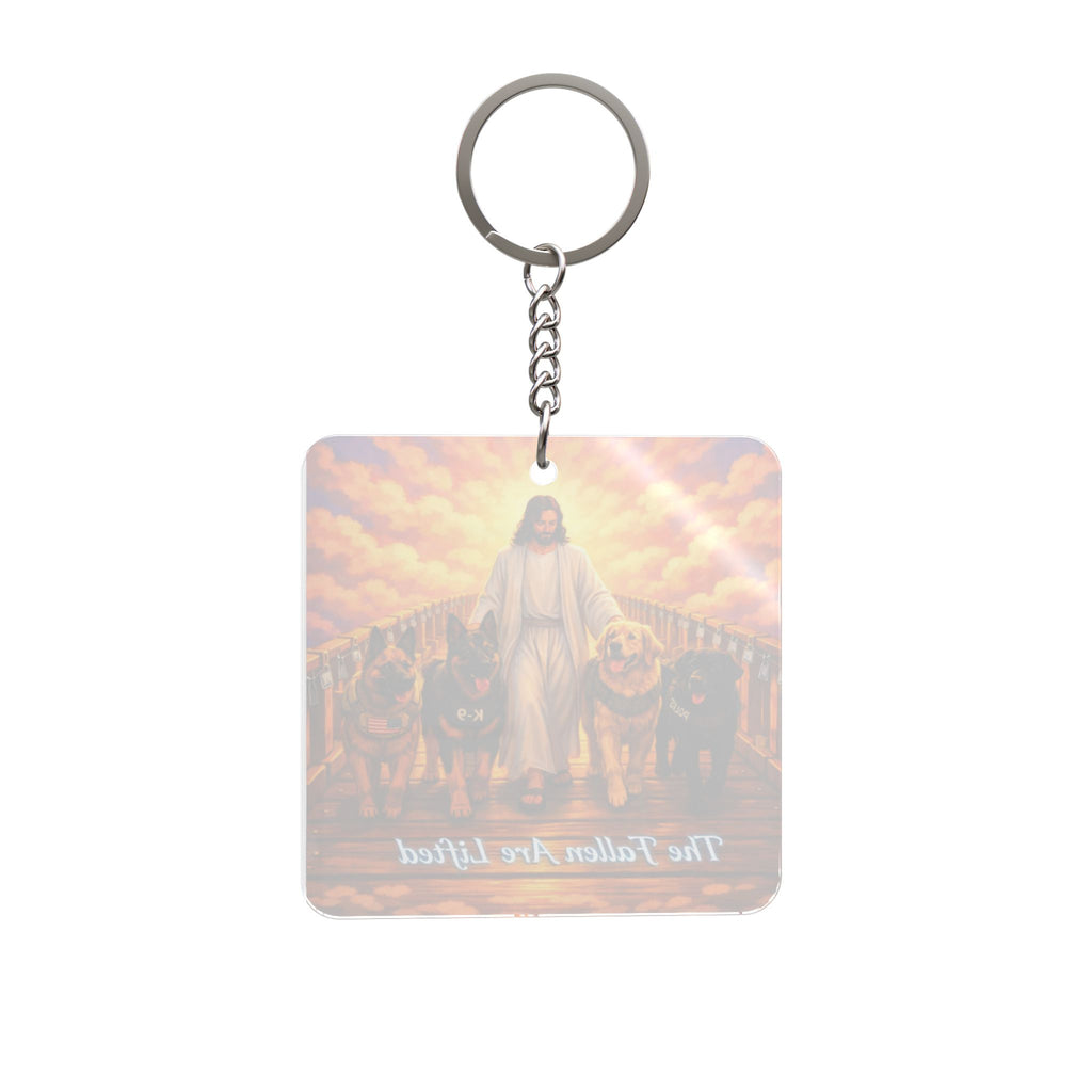 Jesus with Dogs Keychain — "The Fallen Are Lifted" Religious Pet Memorial Keyring