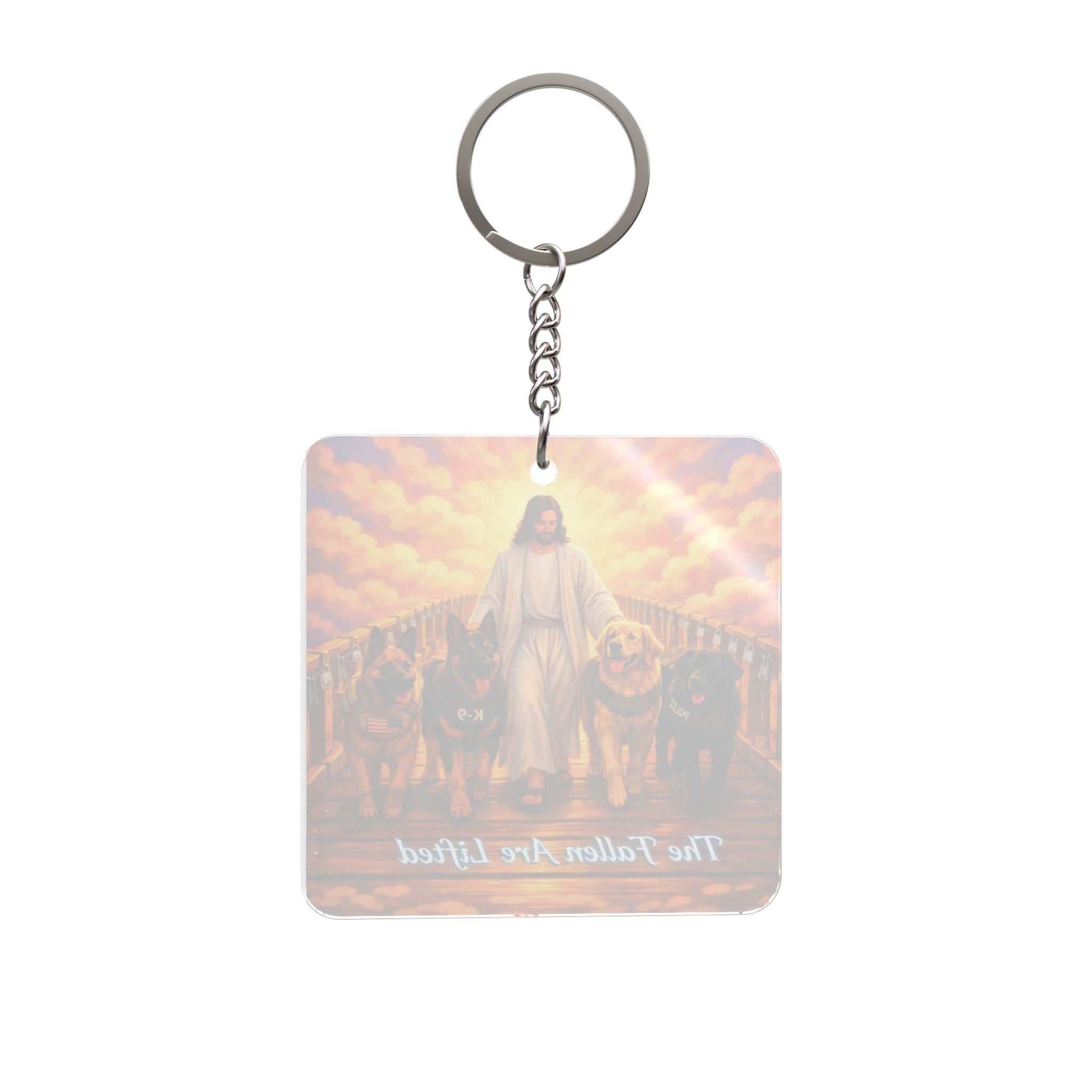 Jesus with Dogs Keychain — "The Fallen Are Lifted" Religious Pet Memorial Keyring