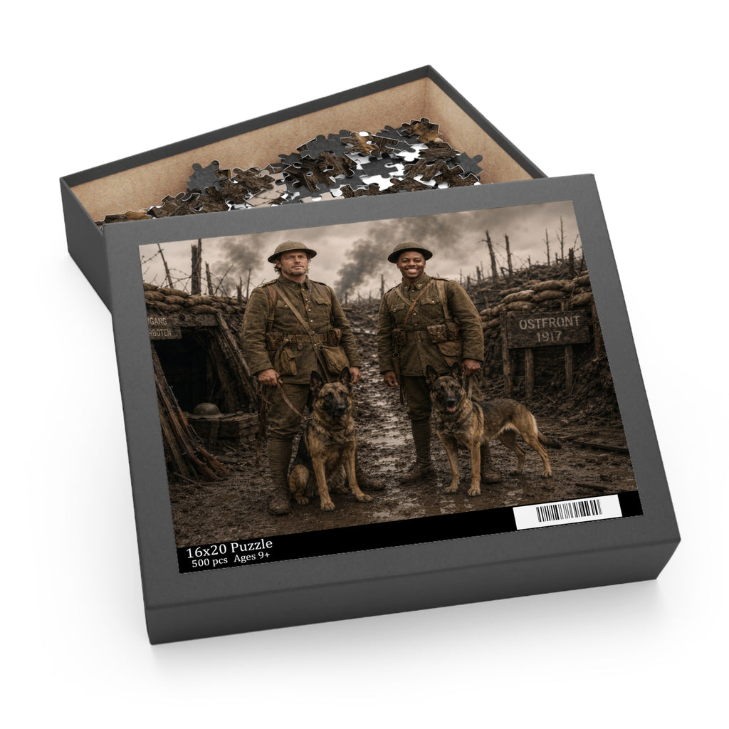 World War I Soldiers with Dogs Jigsaw Puzzle — 120/252/500-Piece Historical Trench Scene