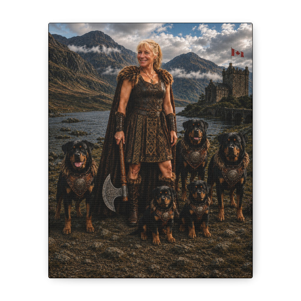 Viking Shieldmaiden Canvas Print — Warrior Woman with Armored Rottweilers