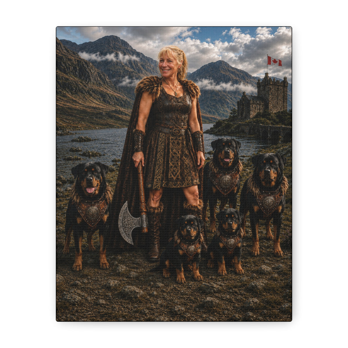 Viking Shieldmaiden Canvas Print — Warrior Woman with Armored Rottweilers