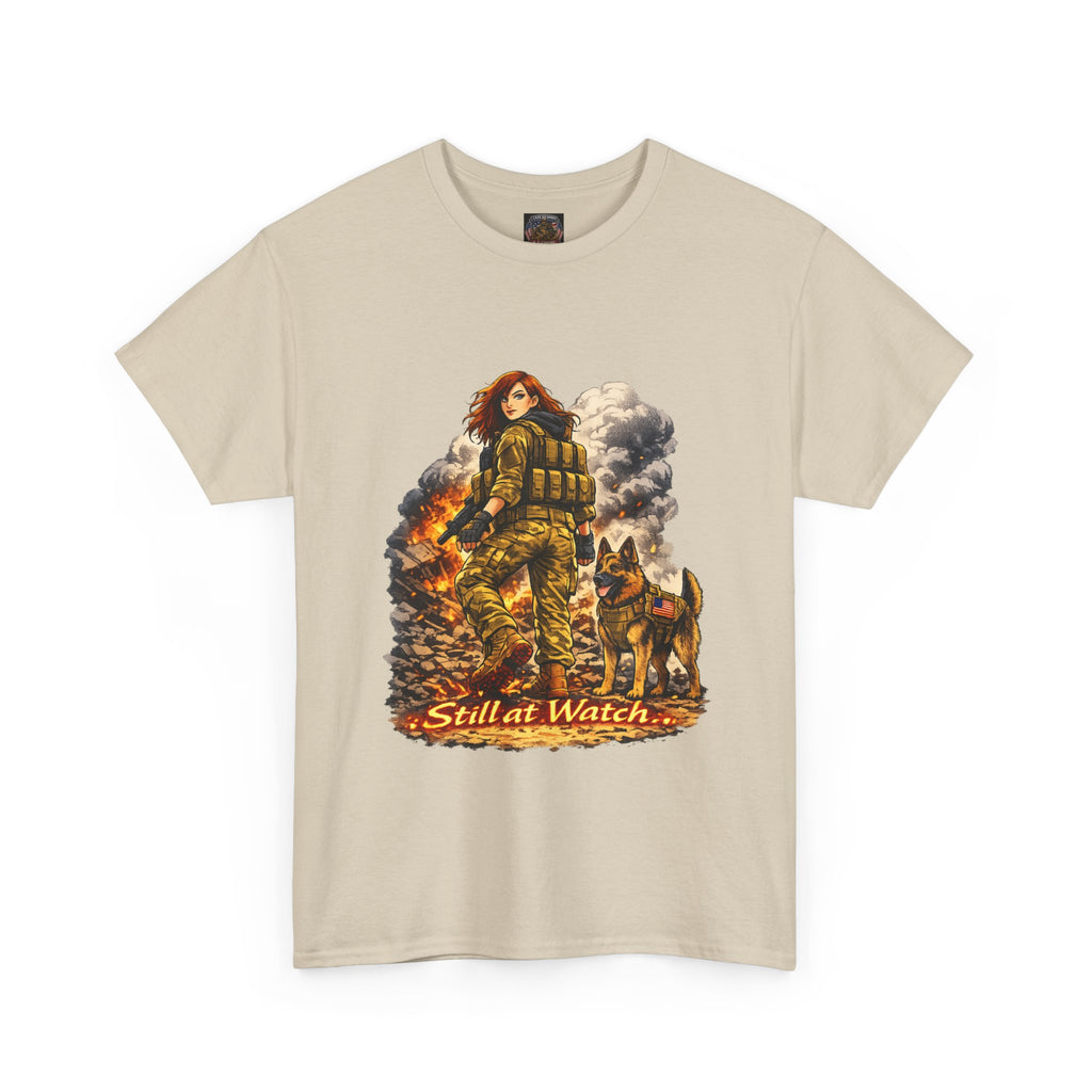 T-Shirt — "Still at Watch" Military Woman & K9 Fire Scene Graphic Tee