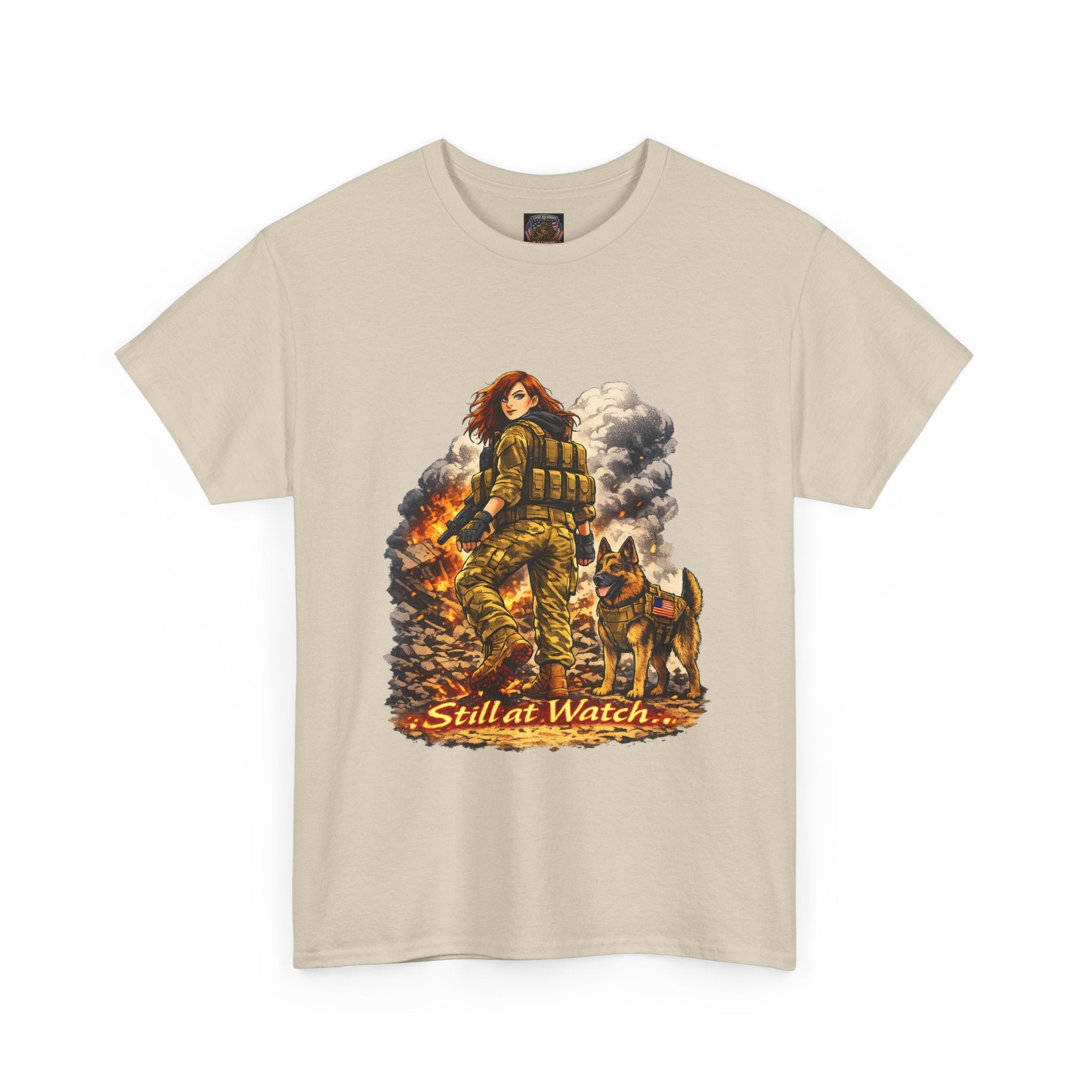 T-Shirt — "Still at Watch" Military Woman & K9 Fire Scene Graphic Tee