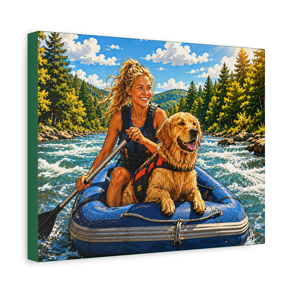 Rafting K-9 Adventure Canvas Print — Woman & Dog River Wall Art