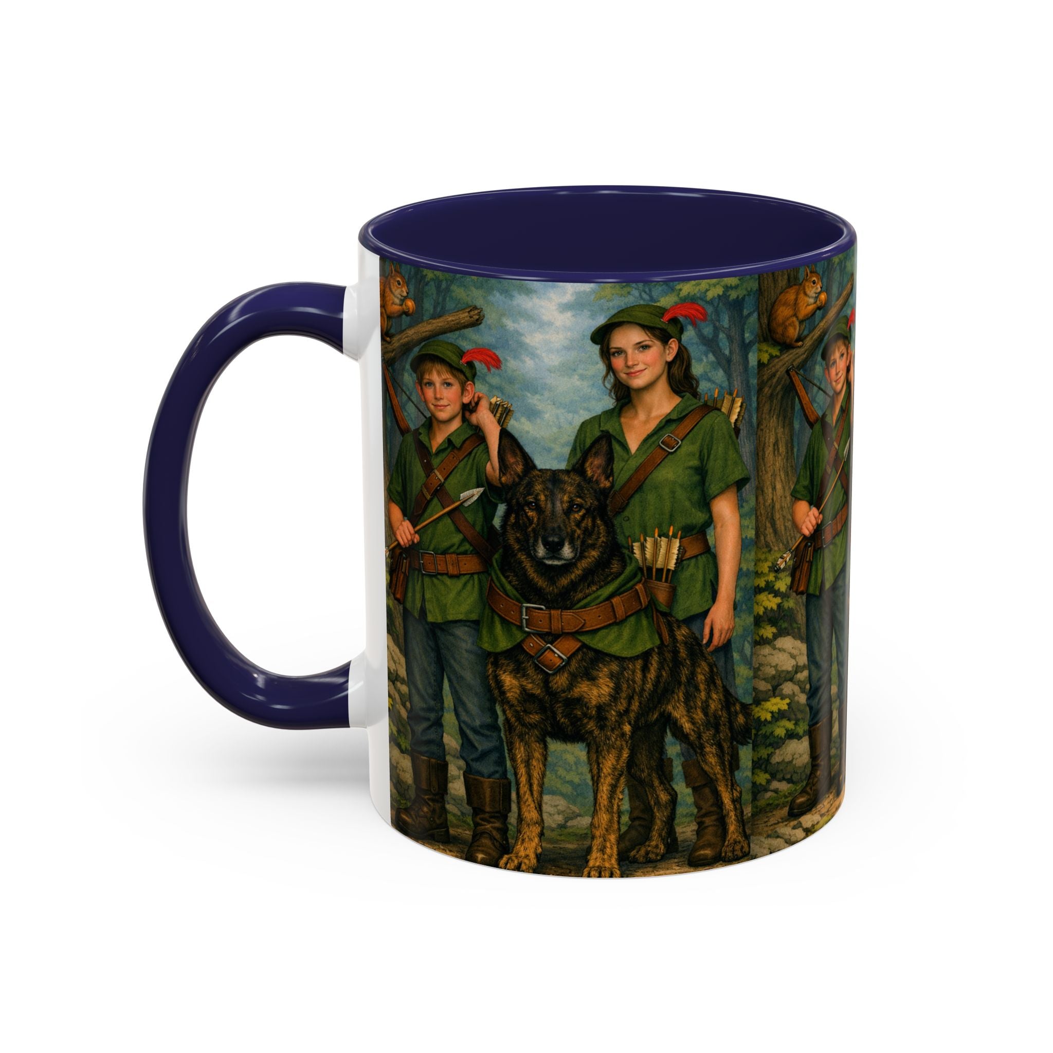 Robin Hood Duo &  Dutch Shepherd Dog Coffee Mug – Fantasy Archer Duo Illustration, Gift for Adventure Fans