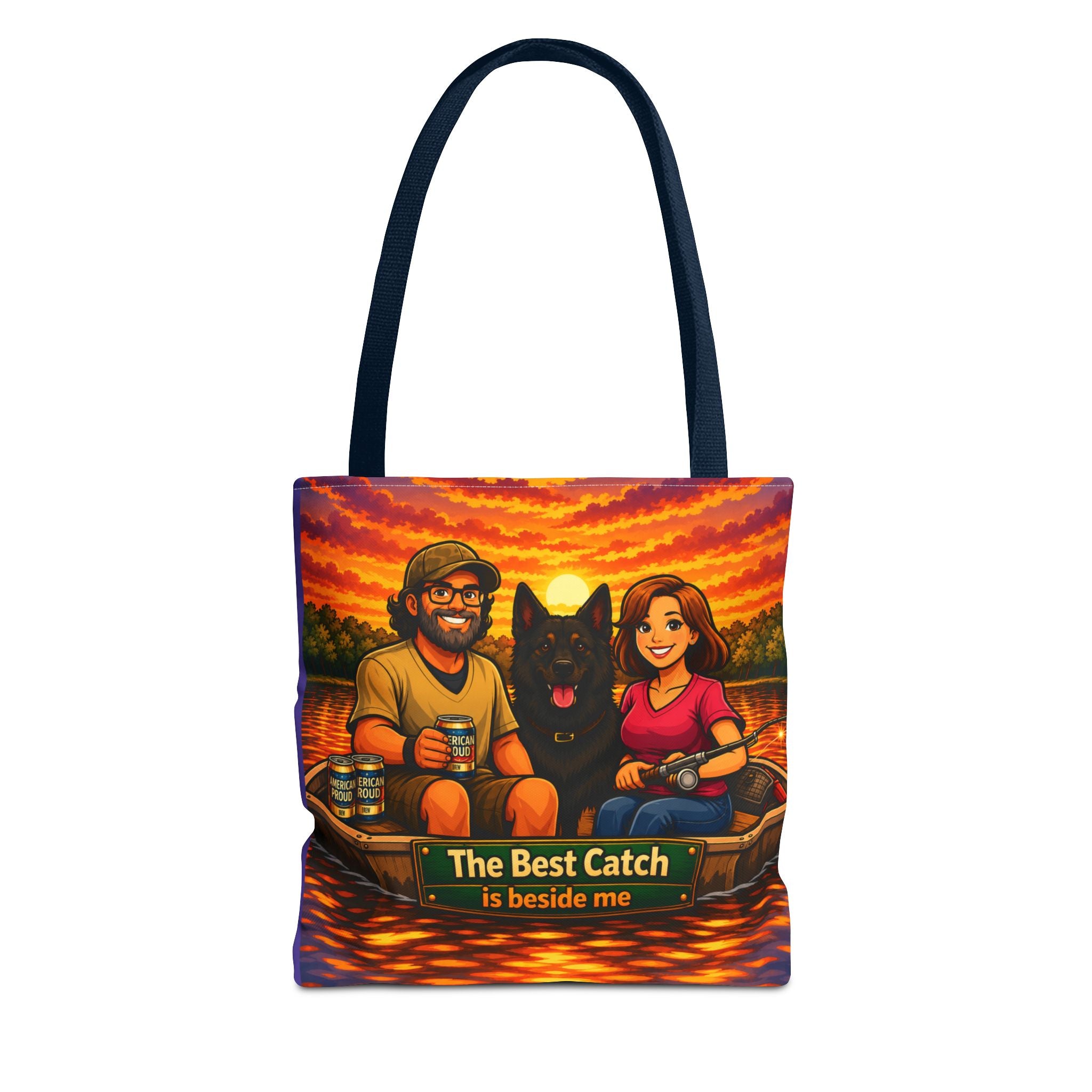 Tote Bag — "The Best Catch Is Beside Me" Fishing Couple & Dog Sunset Tote
