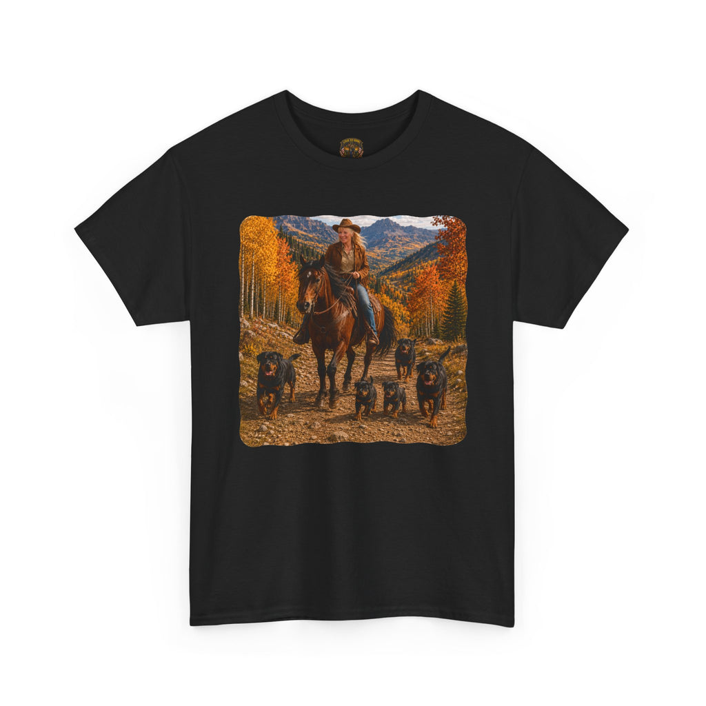 Ruff Riders Cowboy Trail T‑Shirt — Western Rider Scene with Horses & Rottweilers