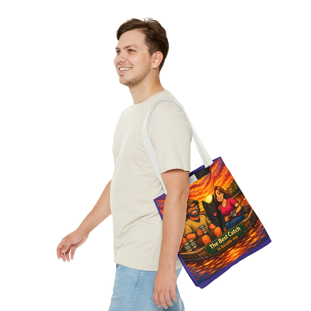 Tote Bag — "The Best Catch Is Beside Me" Fishing Couple & Dog Sunset Tote