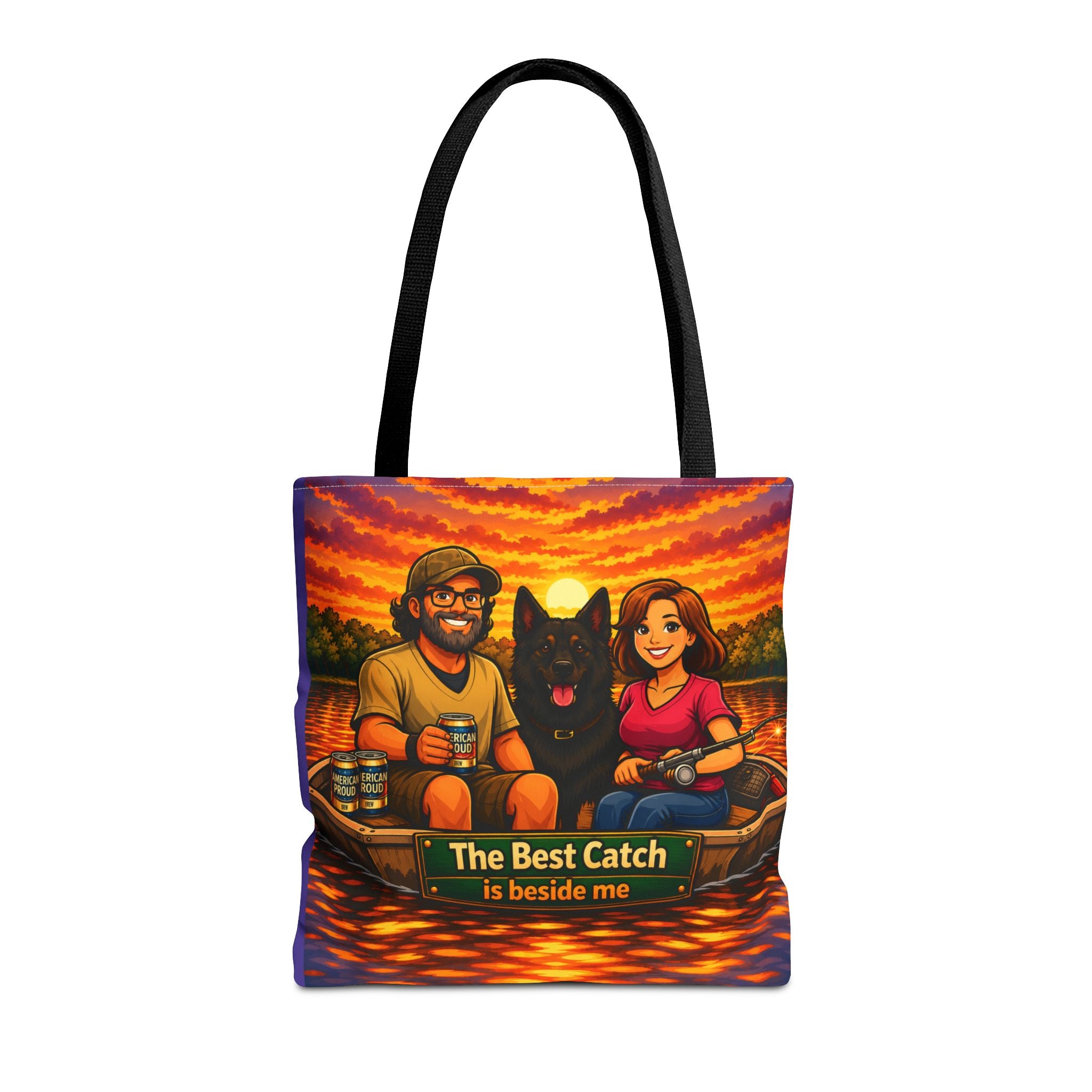 Tote Bag — "The Best Catch Is Beside Me" Fishing Couple & Dog Sunset Tote
