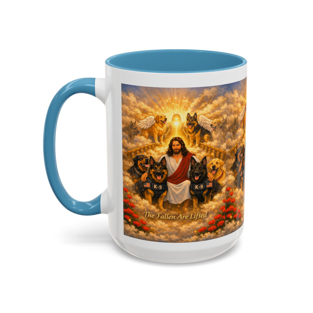 Christian Dog Memorial Coffee Mug — “The Fallen Are Lifted” Accent 11/15oz