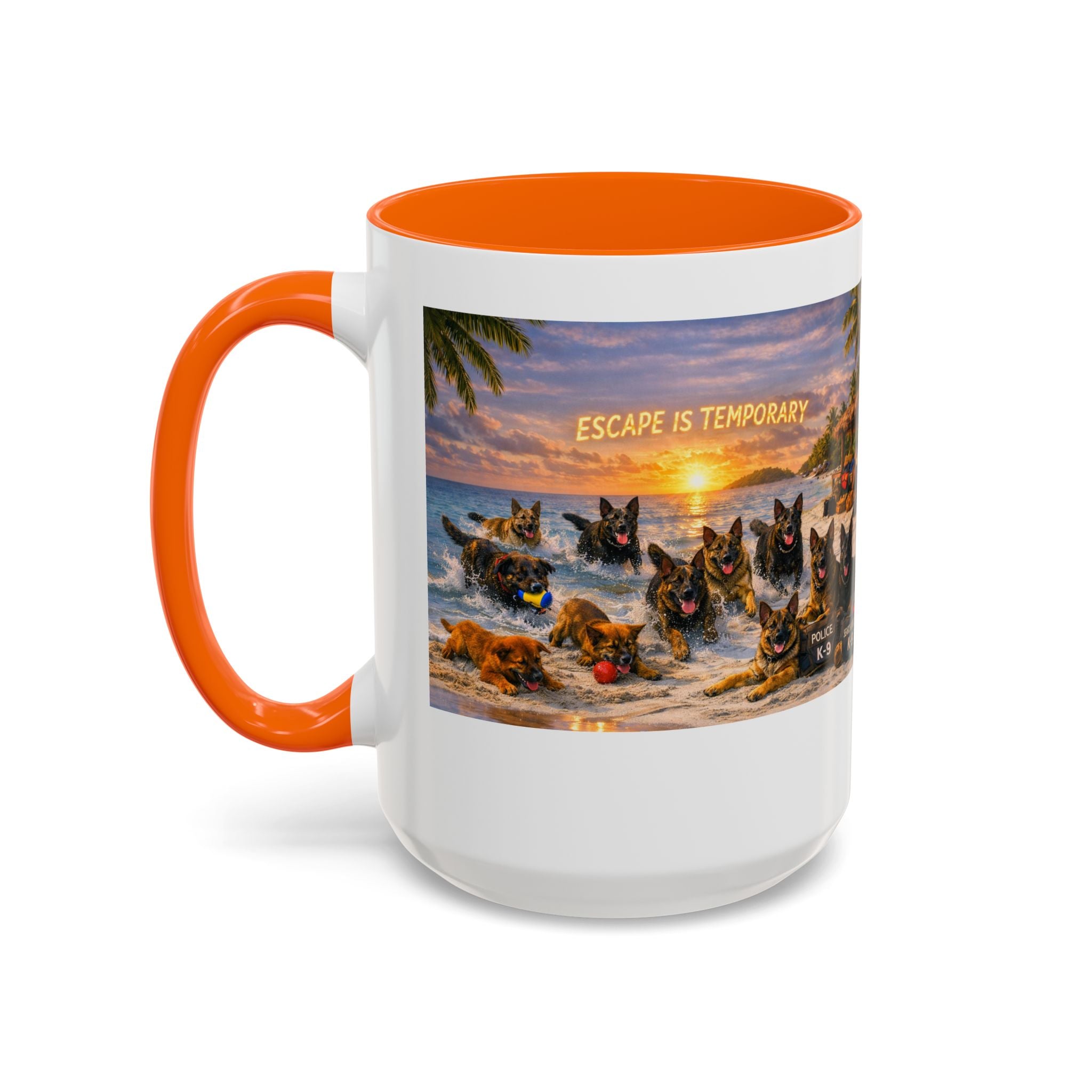Dutch Shepherd Beach Coffee Mug — "Escape Is Temporary" Accent Mug (11/15oz)
