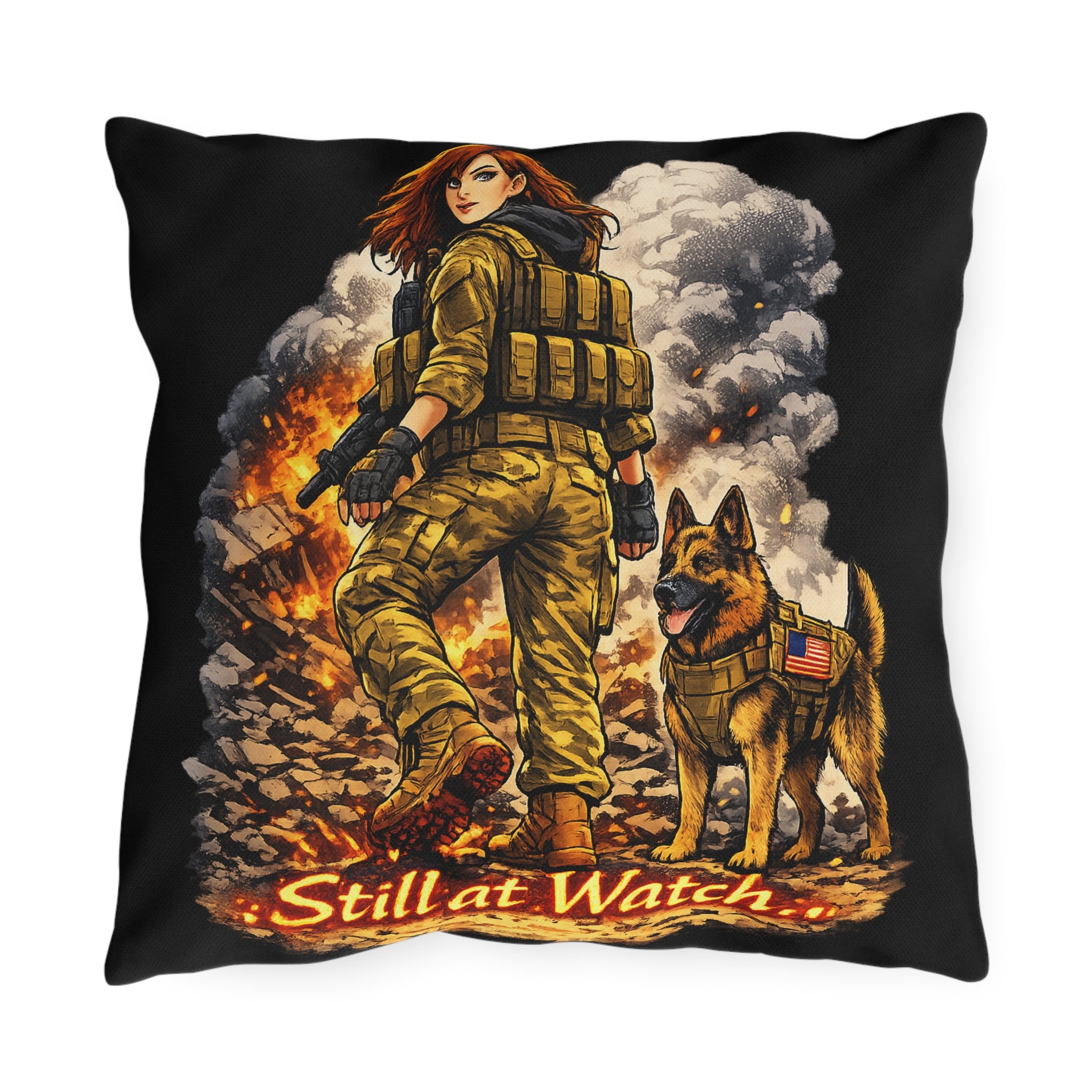 Still at Watch Military K9 Outdoor Pillow — Veteran & Service Dog Decorative Cushion