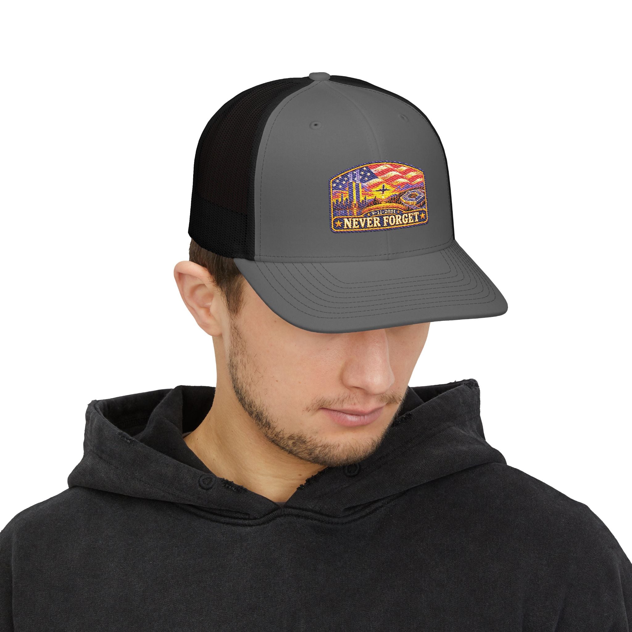 Never Forget Trucker Cap — American Flag 9/11 Memorial Snapback