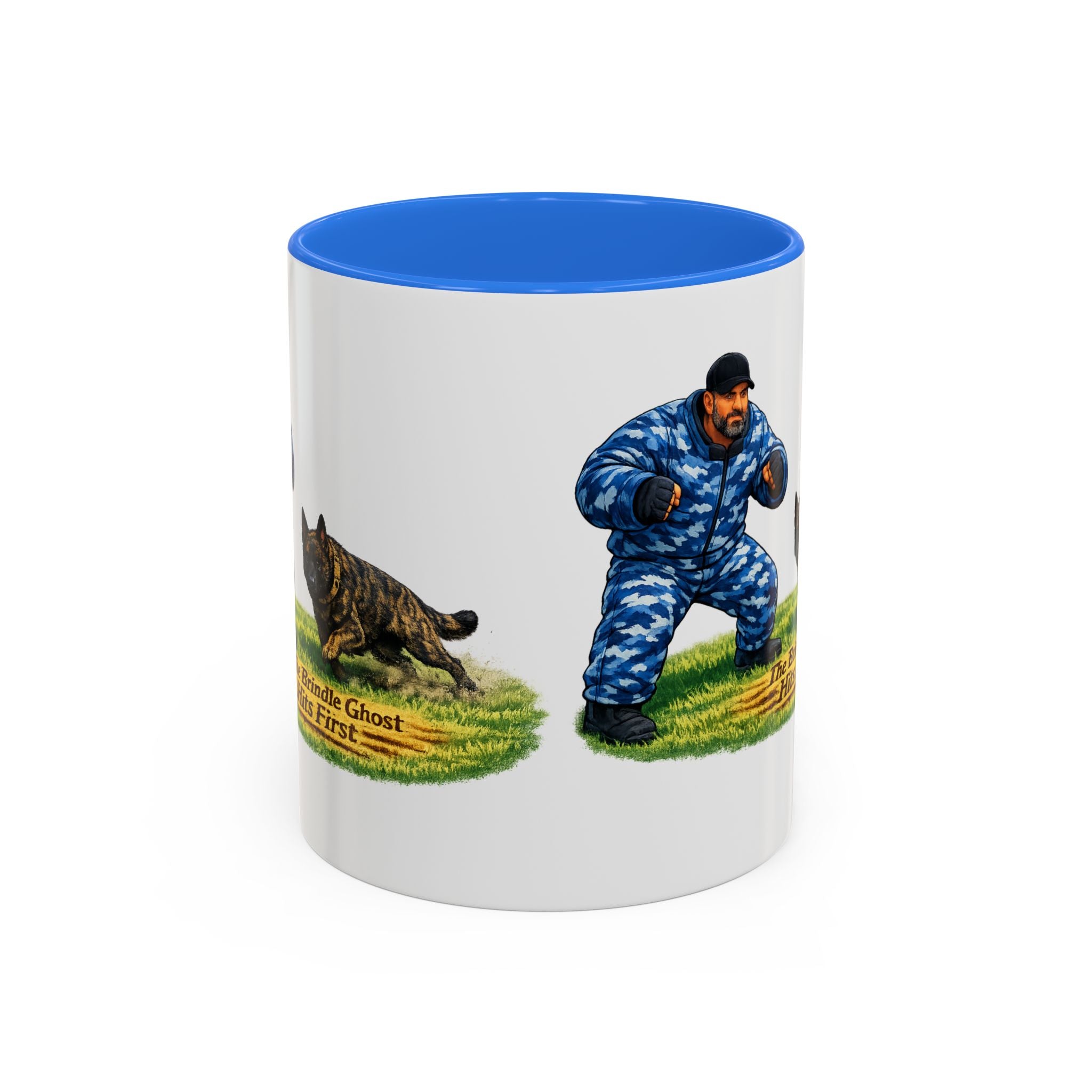 K9 Protection Trainer Mug — “The Brindle Ghost Hits First” Color Accent Coffee Cup (11oz/15oz)
