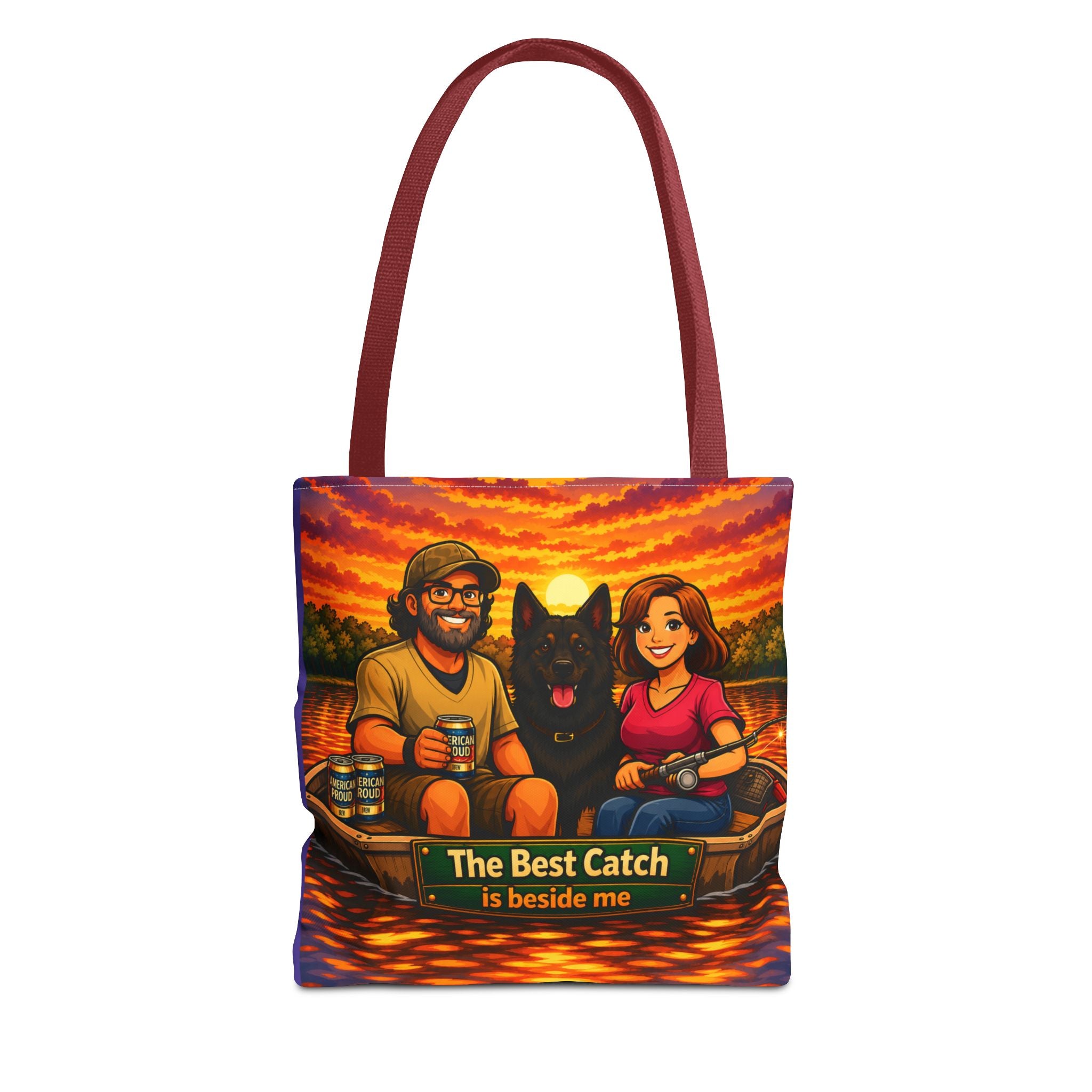 Tote Bag — "The Best Catch Is Beside Me" Fishing Couple & Dog Sunset Tote