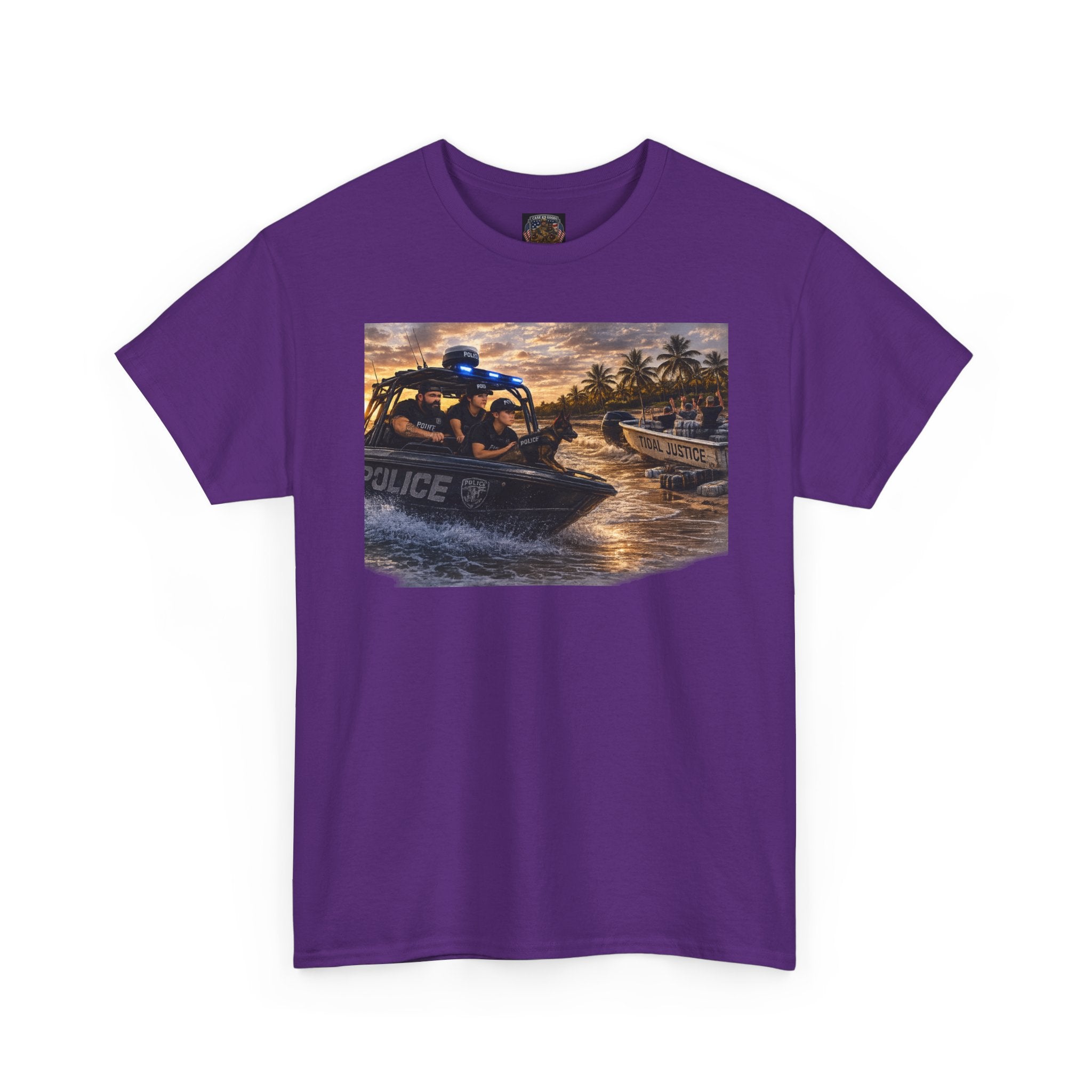 Police K-9 Rescue Boat T‑Shirt — Coastal Patrol Sunset Graphic Tee