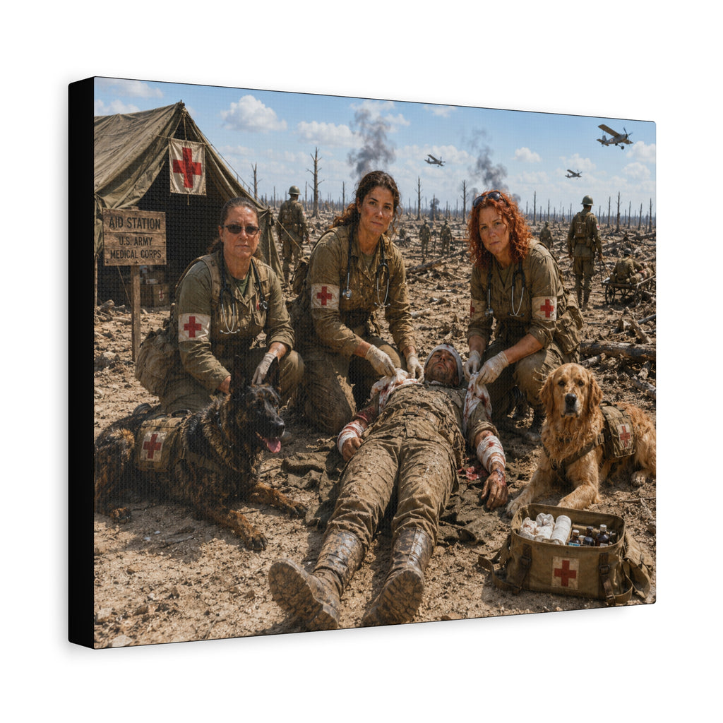 Military Medic Canvas Print — WWII Battlefield Nurses with Service Dogs