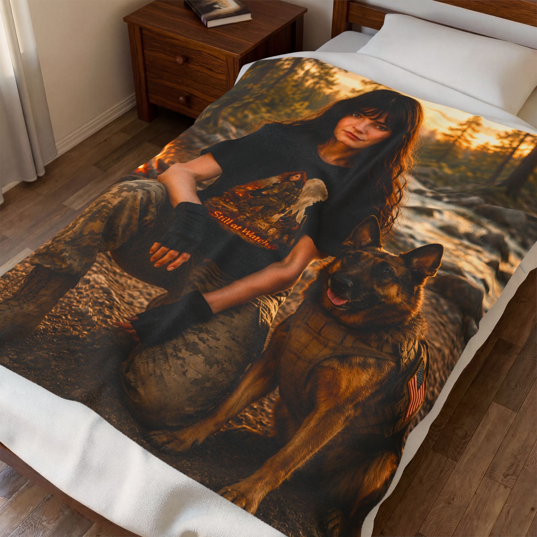 Adventure Dog Hiker Velveteen Plush Blanket — Cozy Wilderness Throw with German Shepherd Graphic