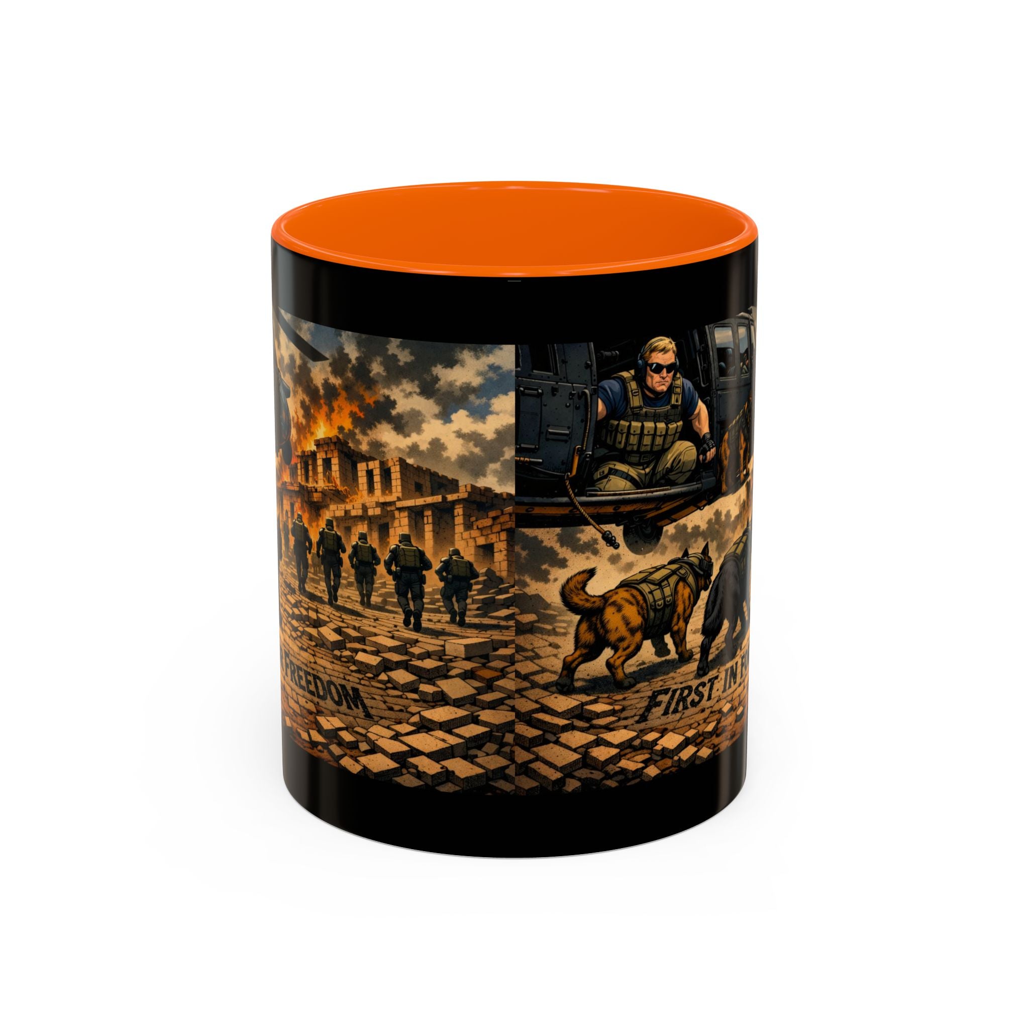 Military K9 Coffee Mug — 'First In for Freedom' Accent Ceramic Mug