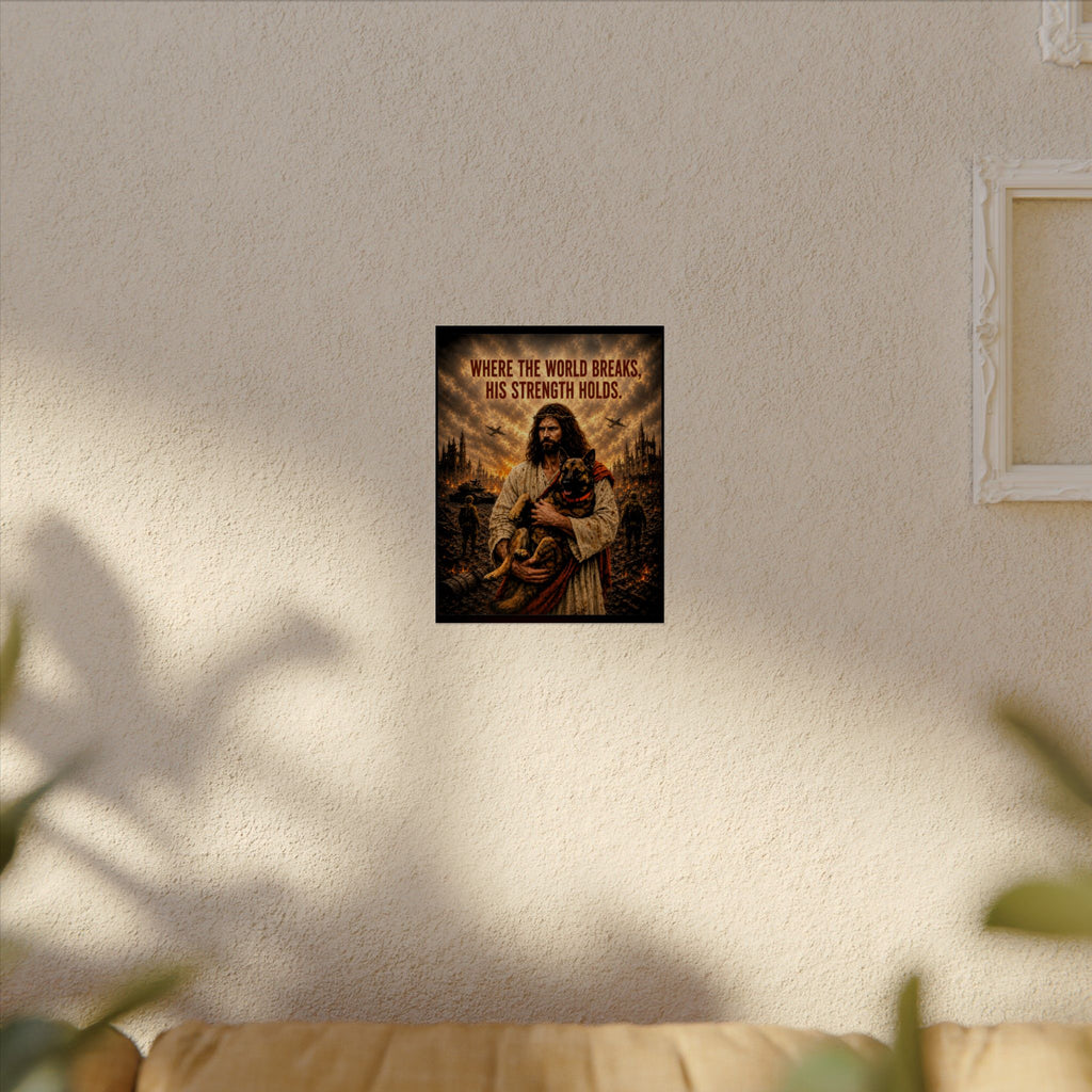 Christian Inspirational Poster — "Where the World Breaks, His Strength Holds" Matte Art