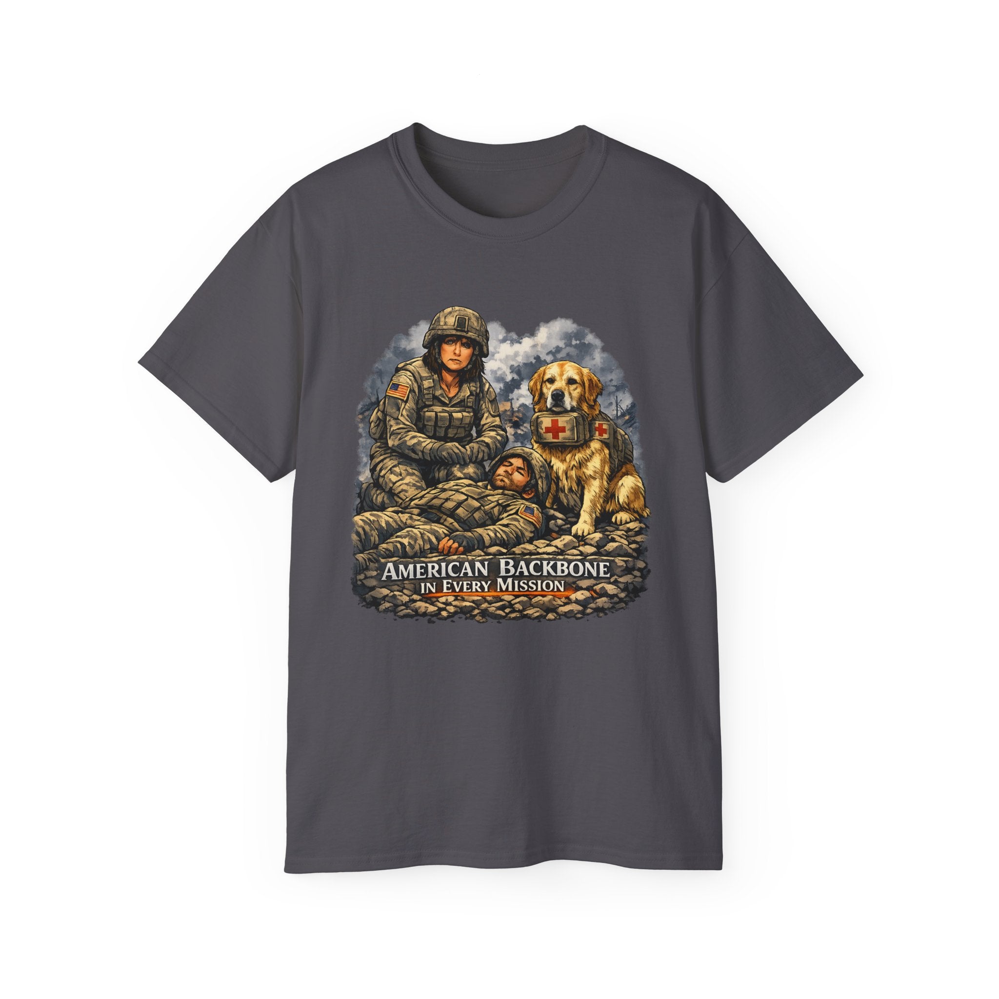 Military Veteran T‑Shirt – "American Backbone" Soldier & Service Dog Tribute Tee