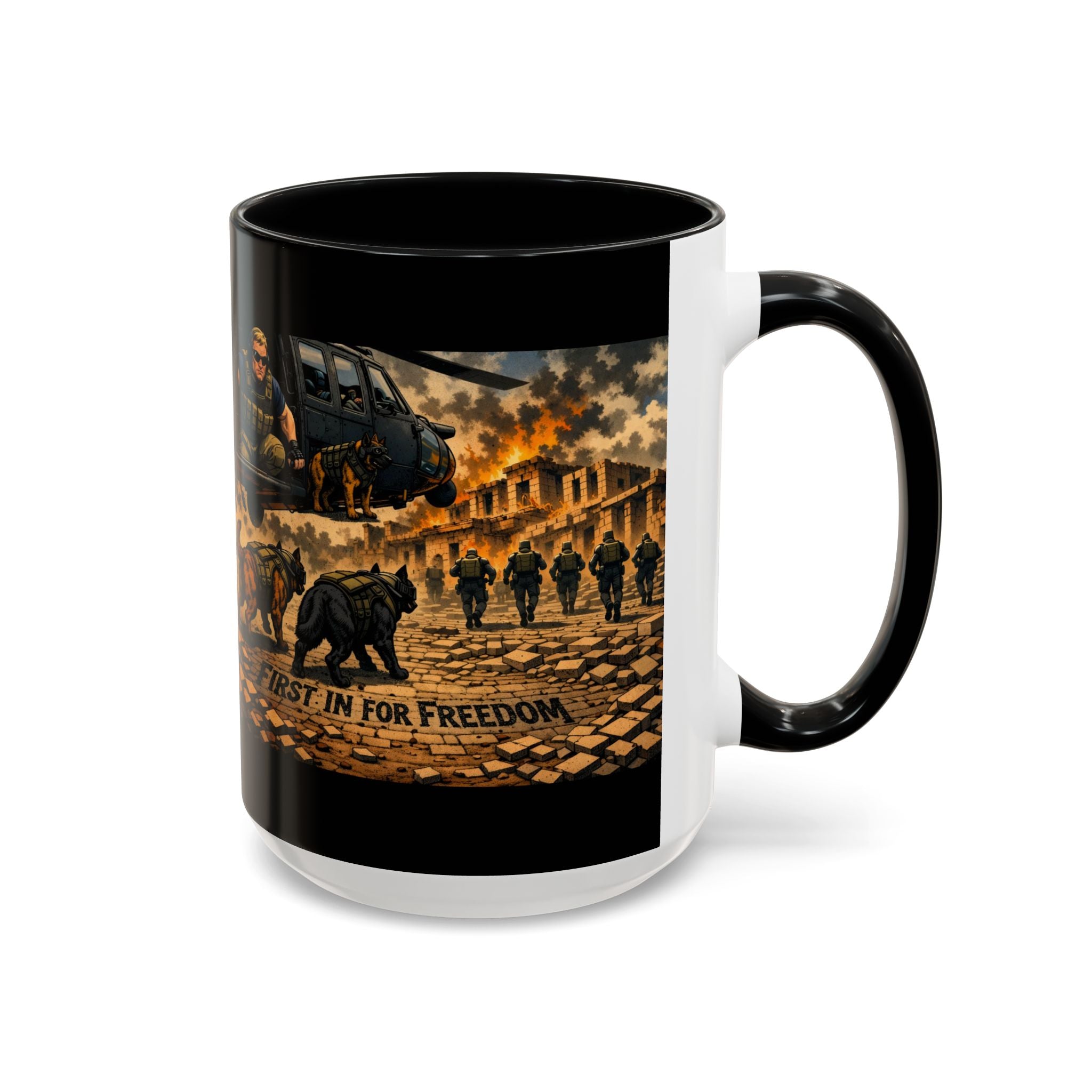 Military K9 Coffee Mug — 'First In for Freedom' Accent Ceramic Mug
