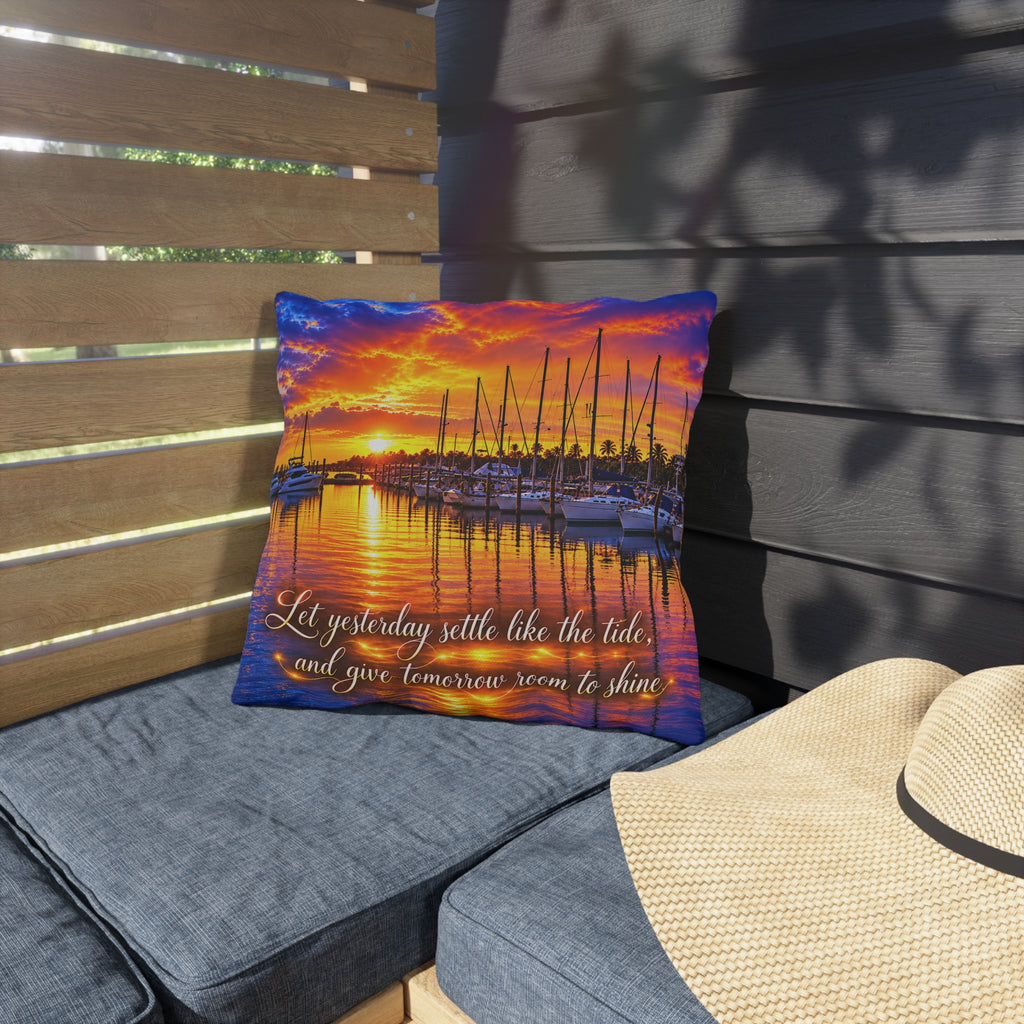 Let Yesterday Settle Like the Tide Sunset Marina Outdoor Pillow
