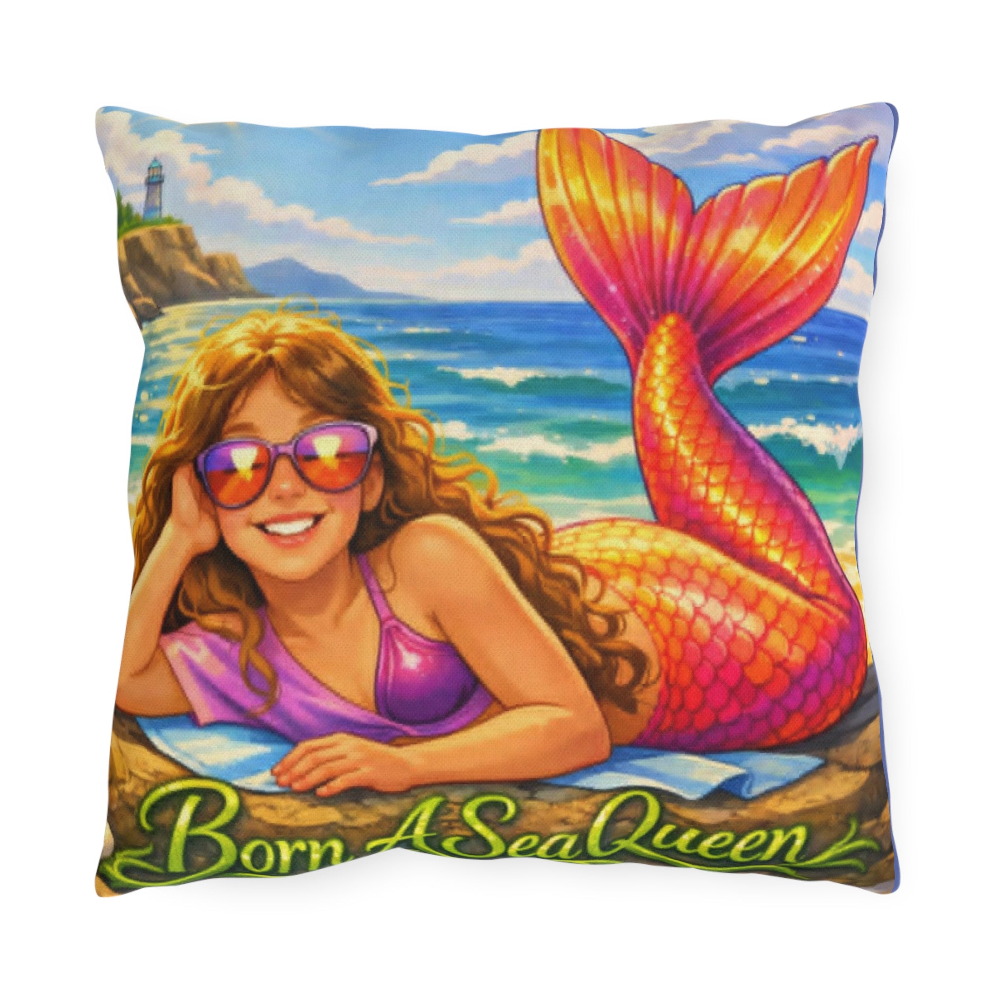 Mermaid "Born A Sea Queen" Outdoor Pillow — Colorful Beach Patio Cushion