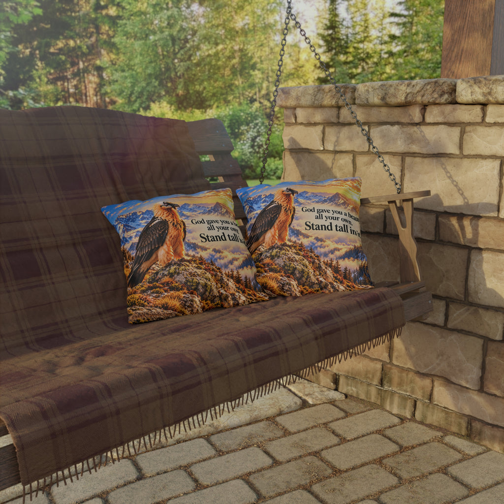 Outdoor Pillow – Majestic Vulture Mountain Sunset, “Stand Tall” Inspirational Quote