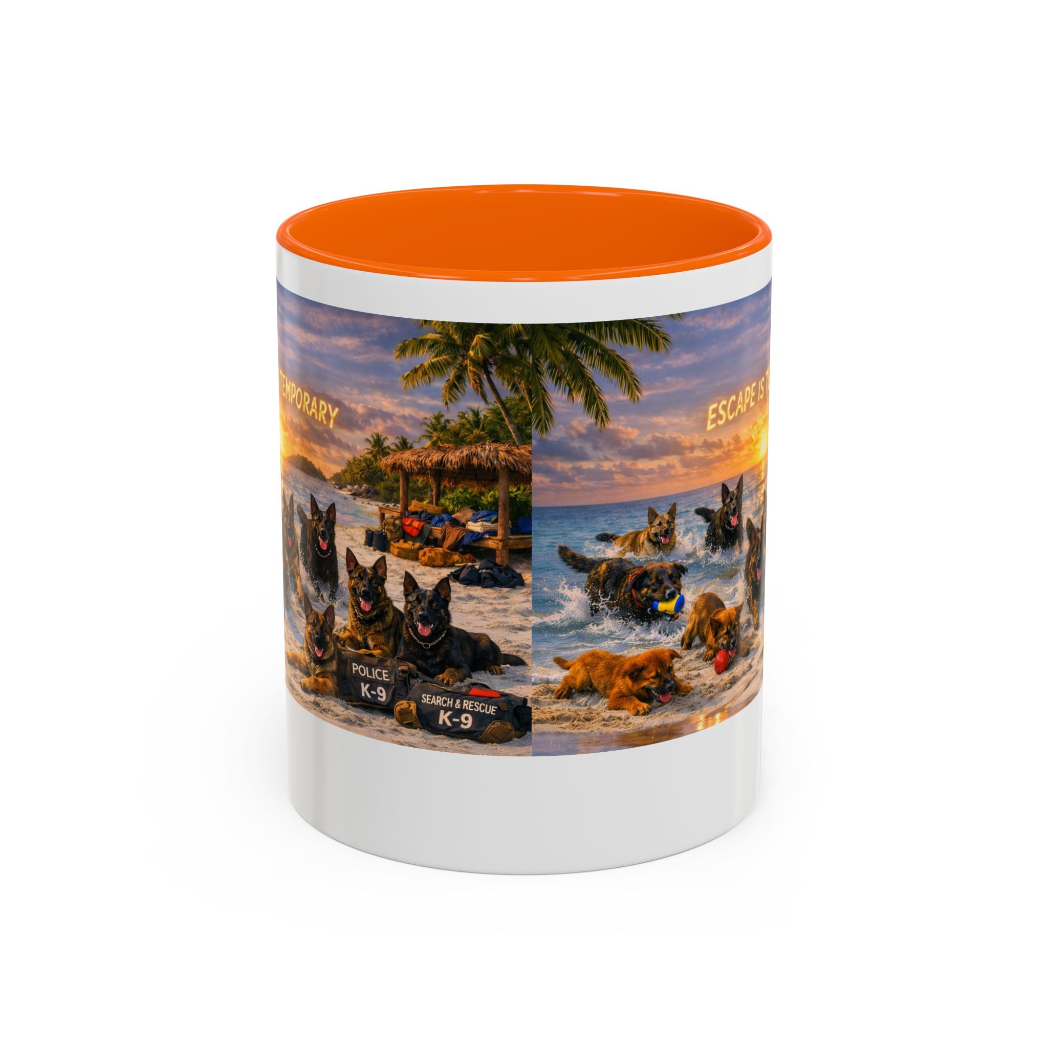Dutch Shepherd Beach Coffee Mug — "Escape Is Temporary" Accent Mug (11/15oz)