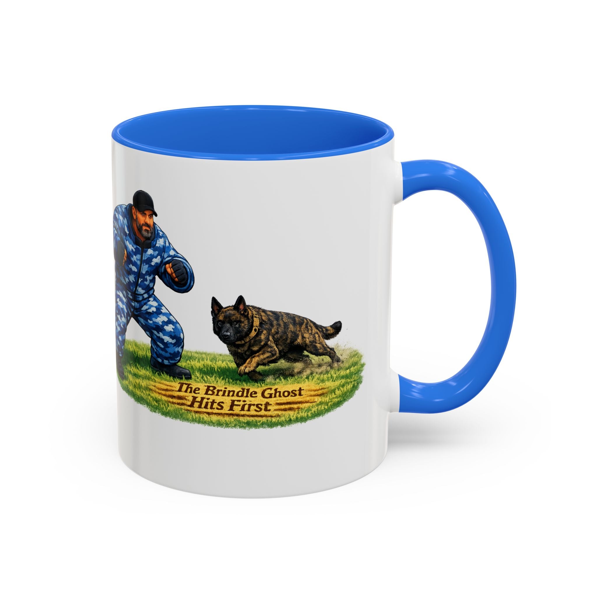 K9 Protection Trainer Mug — “The Brindle Ghost Hits First” Color Accent Coffee Cup (11oz/15oz)
