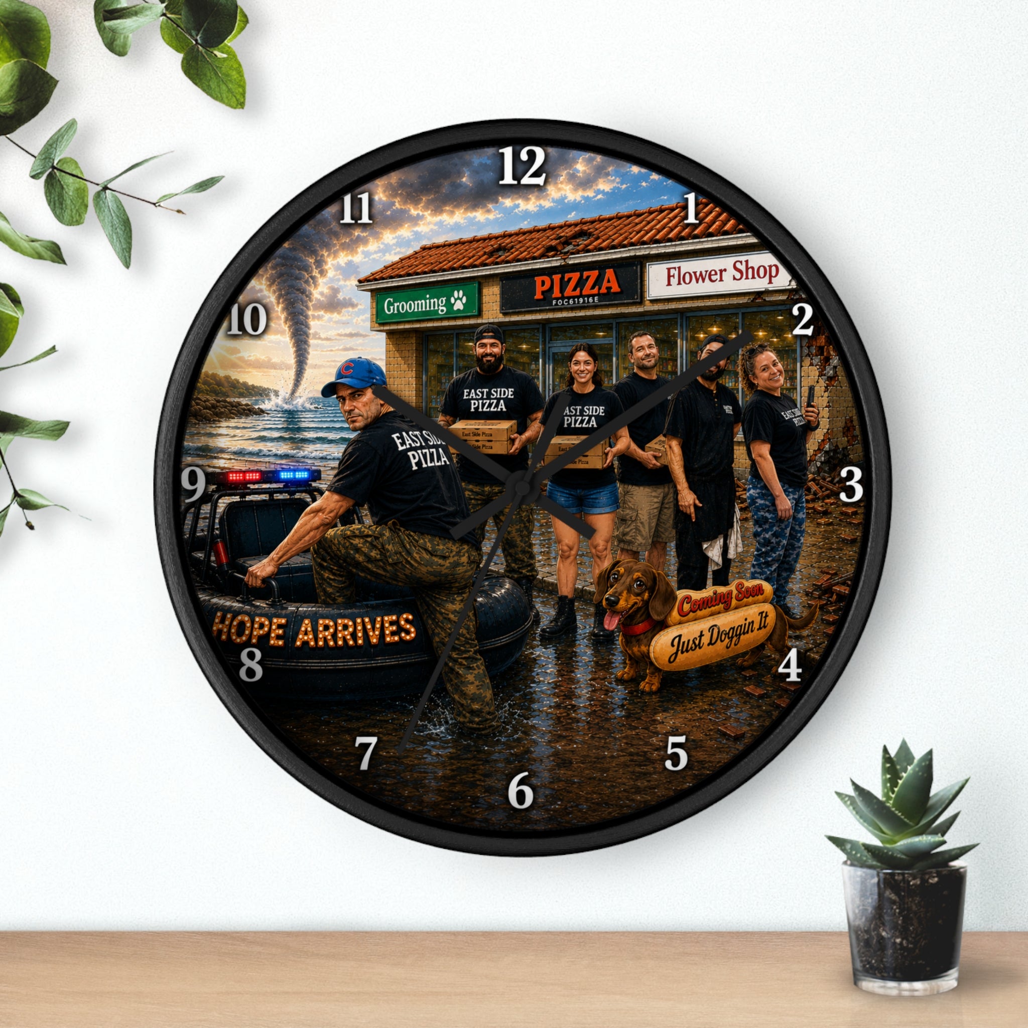Rescue Team Photo Wall Clock — 'Hope Arrives' With Pizza Flood Relief Tribute