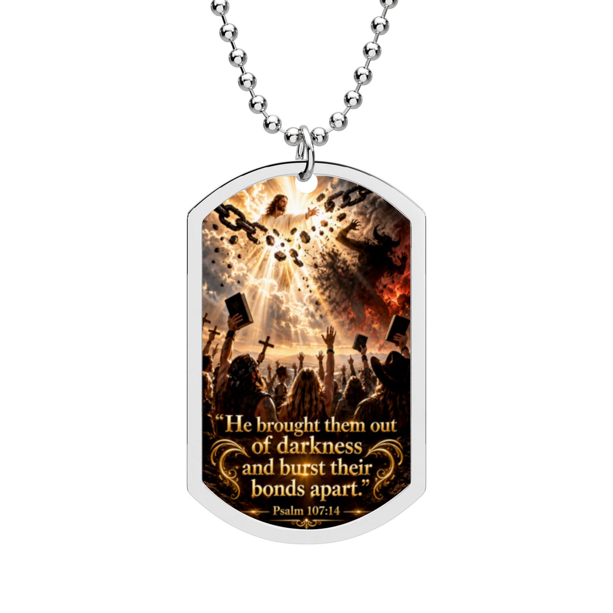 Inspirational Christian Dog Tag Necklace – 'He Brought Them Out of Darkness' Scripture Pendant