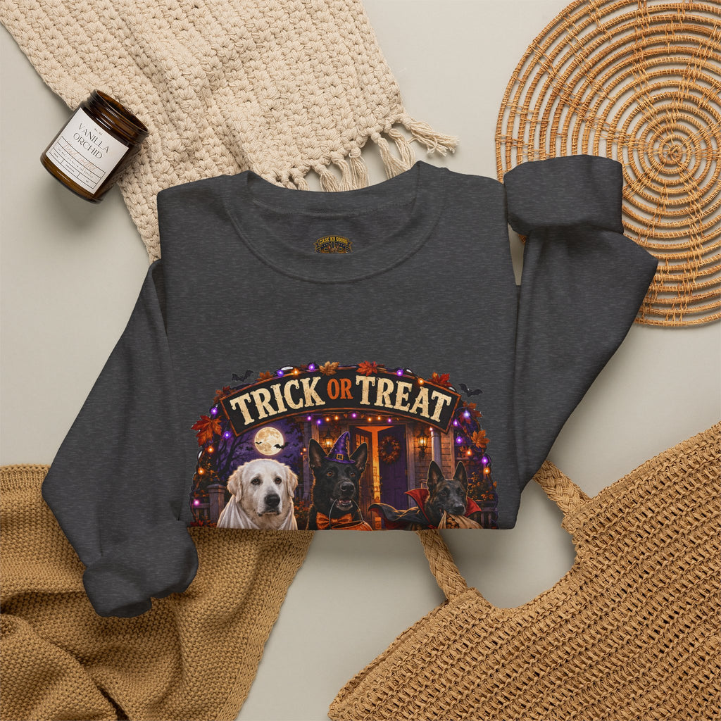 Halloween Crewneck Sweatshirt - "Trick or Treat, Blame the Dogs" Cute K-9 Dog Ghost Pumpkin Design