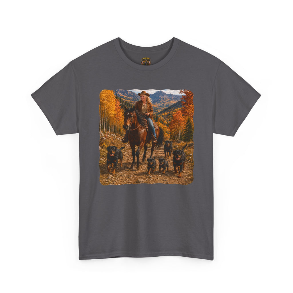 Ruff Riders Cowboy Trail T‑Shirt — Western Rider Scene with Horses & Rottweilers