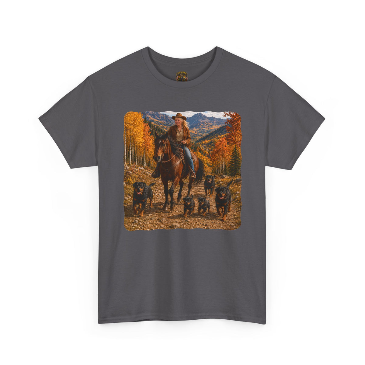 Ruff Riders Cowboy Trail T‑Shirt — Western Rider Scene with Horses & Rottweilers