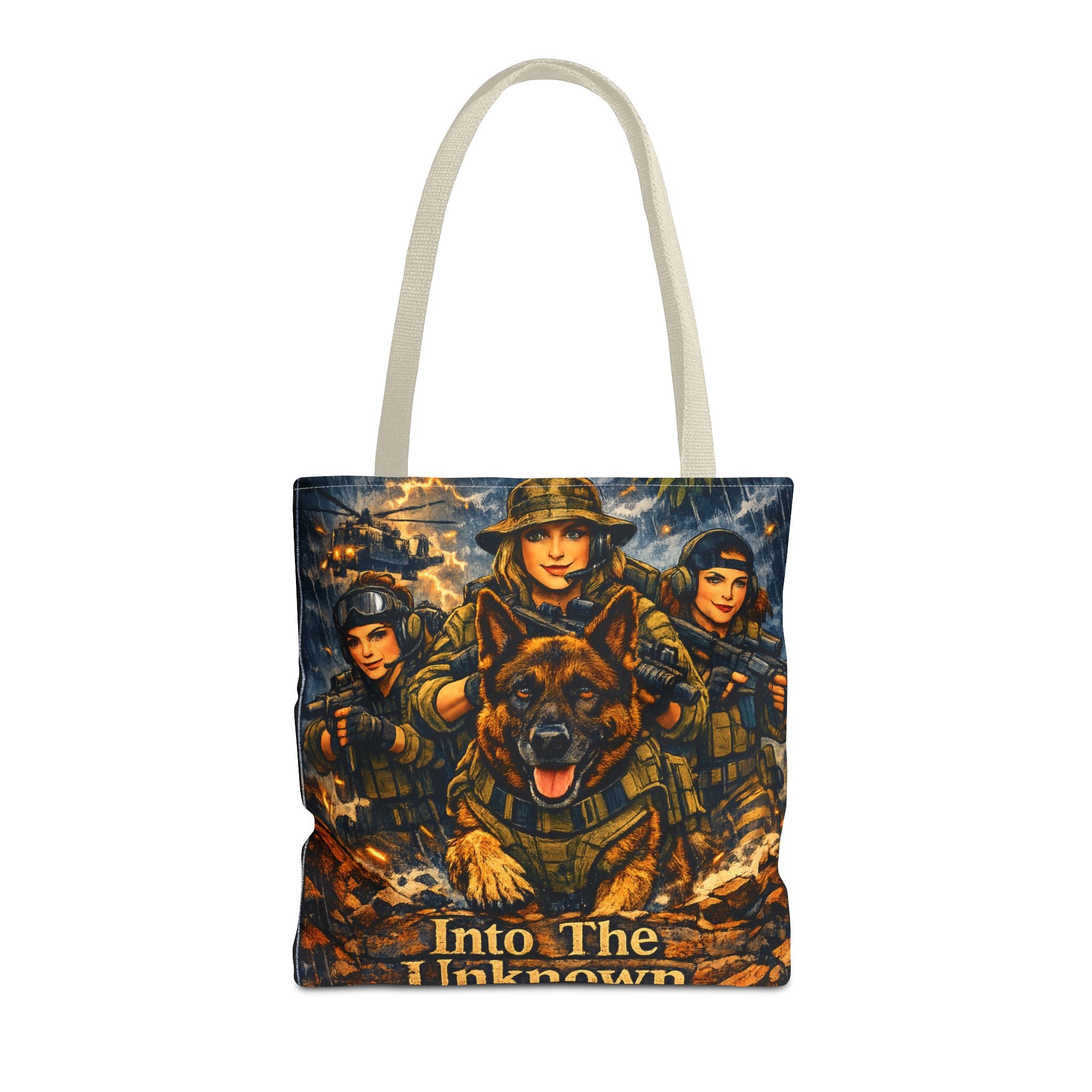 Military K9 Tote Bag — "Into The Unknown" Tactical Dog & Soldier Print