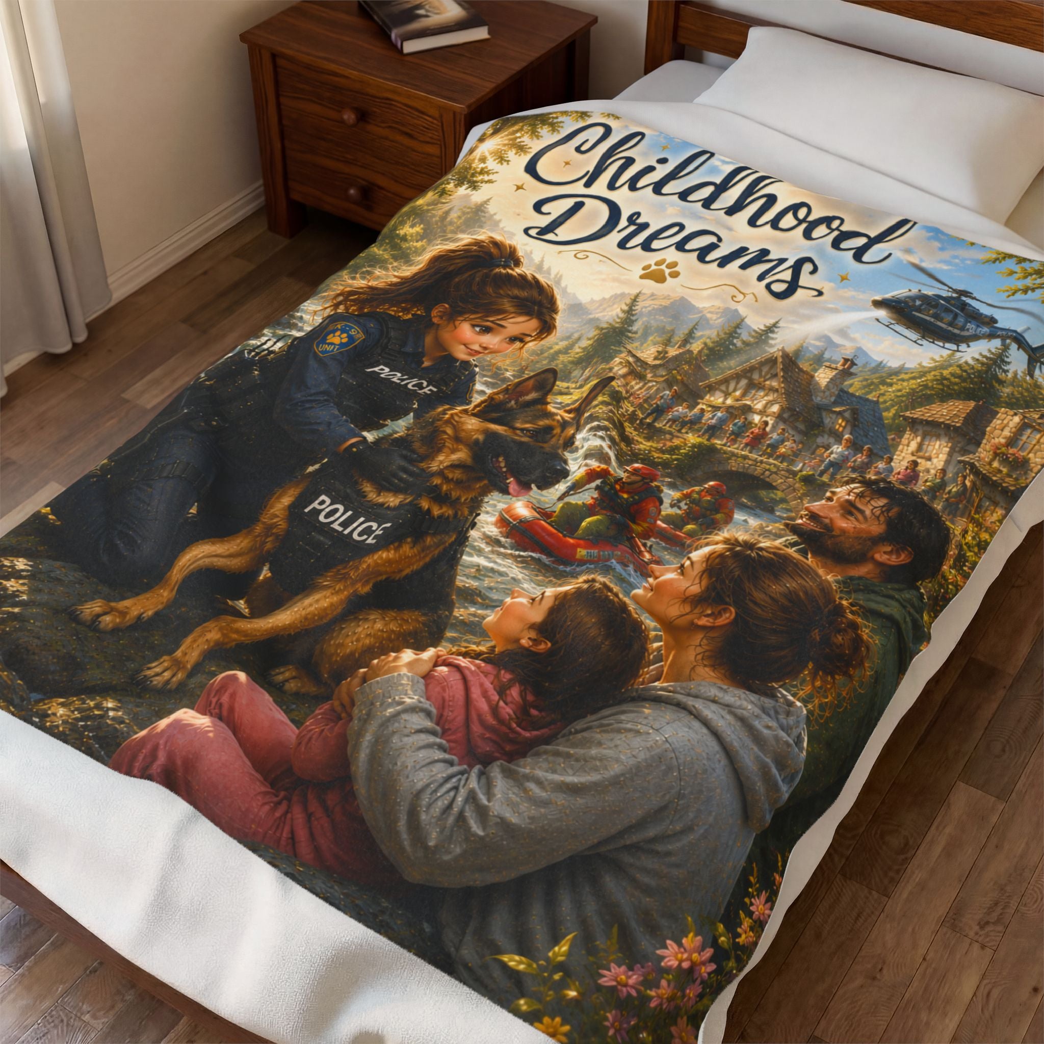 Childhood Dreams Velveteen Plush Blanket – Police K9 Family Scenic Throw