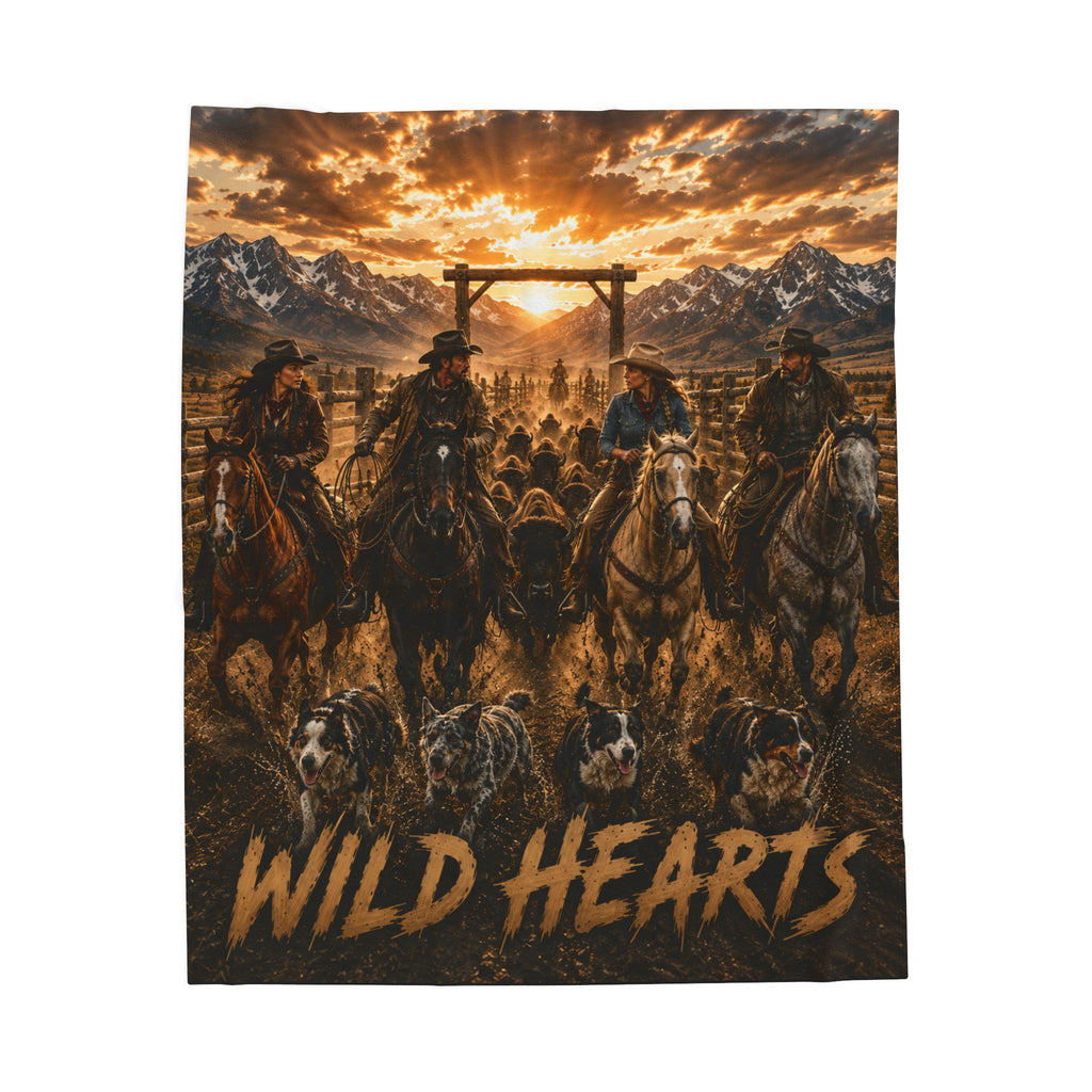 Wild Hearts Buffalo Velveteen Plush Blanket — Western Cowboy Dogs Scene Throw