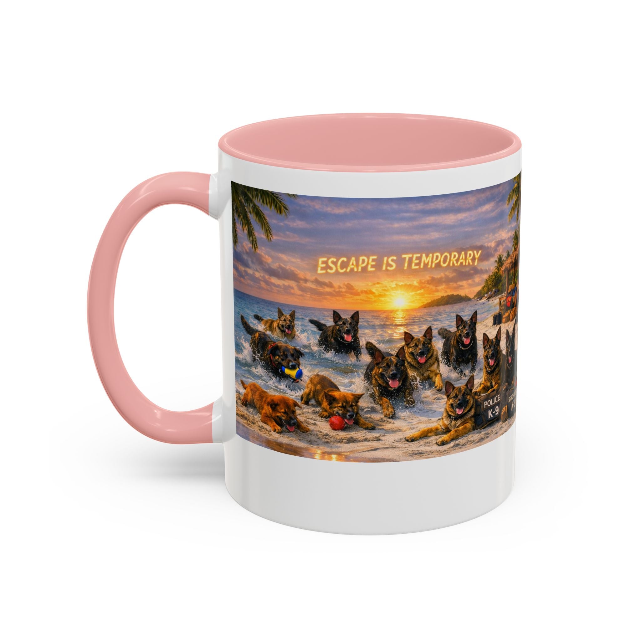 Dutch Shepherd Beach Coffee Mug — "Escape Is Temporary" Accent Mug (11/15oz)