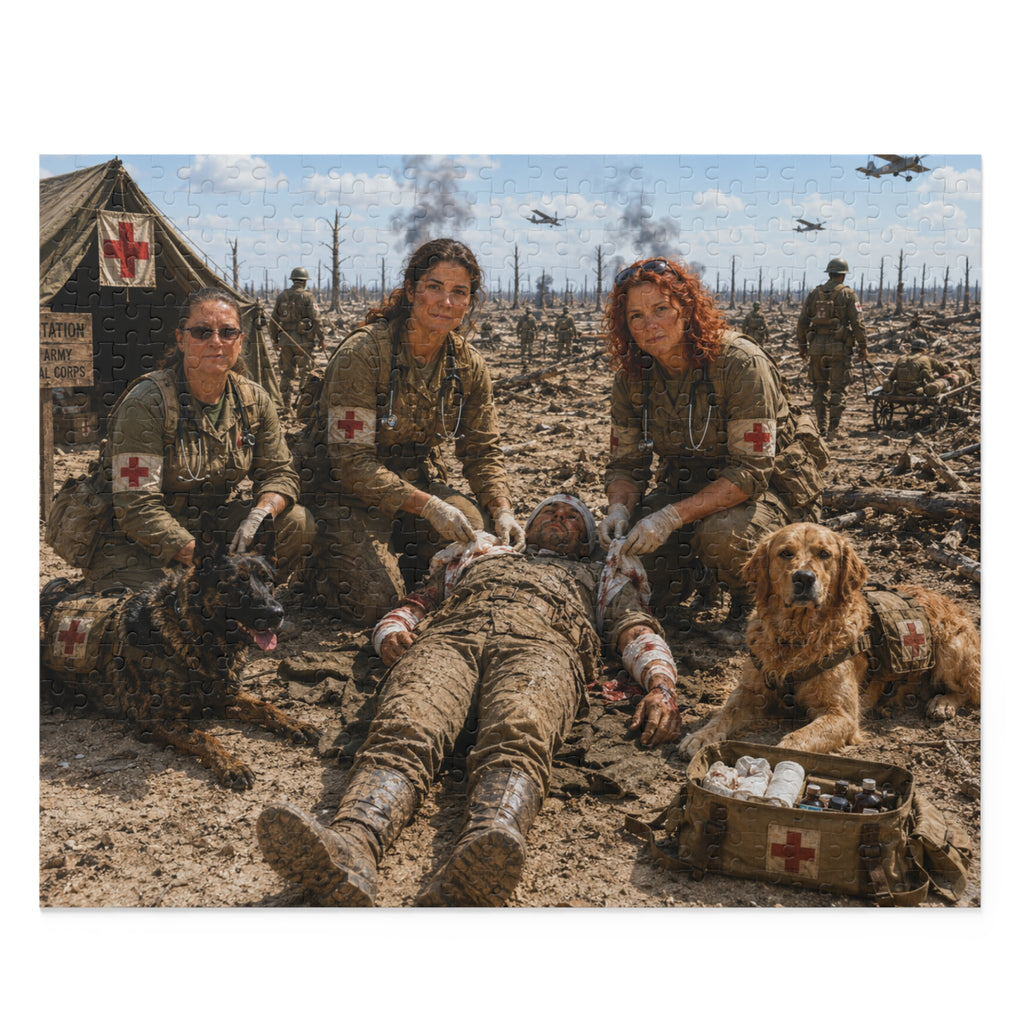 Military Medic Scene Puzzle — WWII Battlefield Nurses with Dogs (120/252/500-Piece)