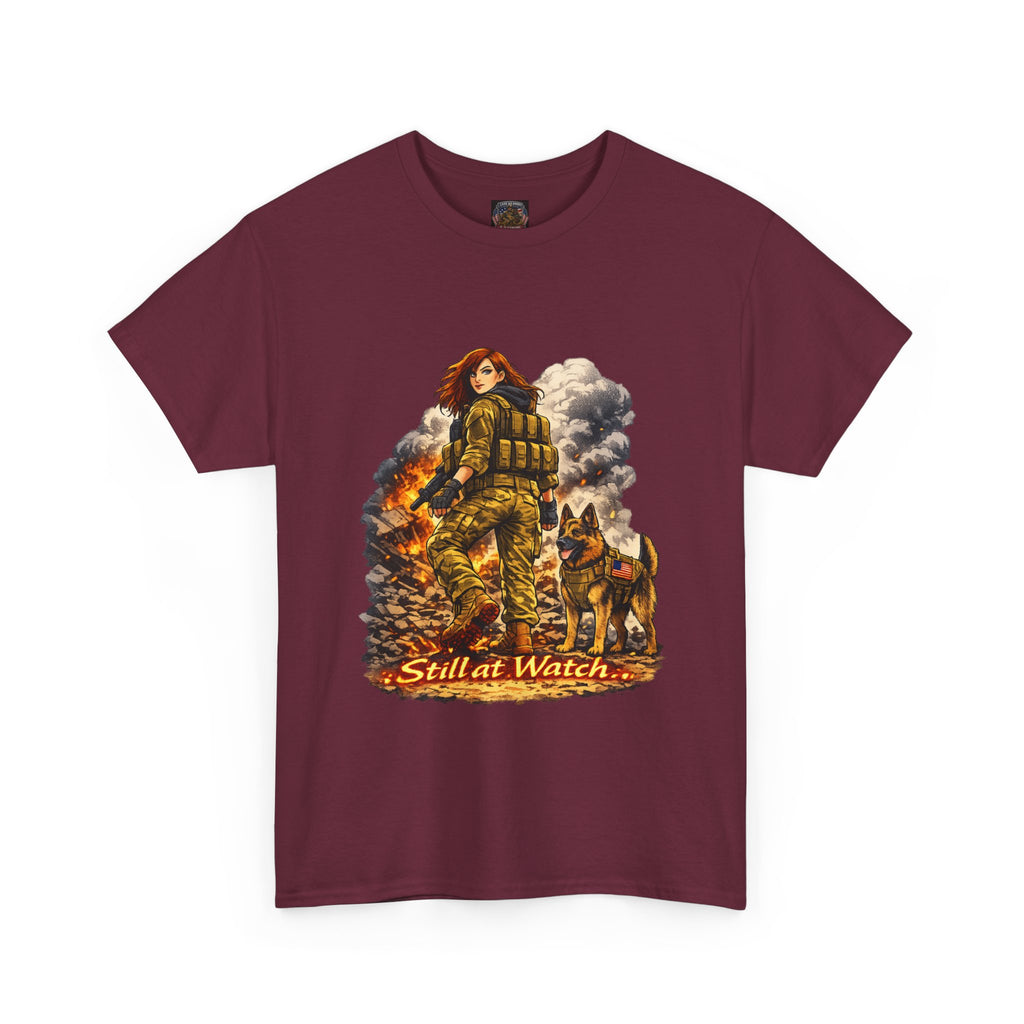 T-Shirt — "Still at Watch" Military Woman & K9 Fire Scene Graphic Tee