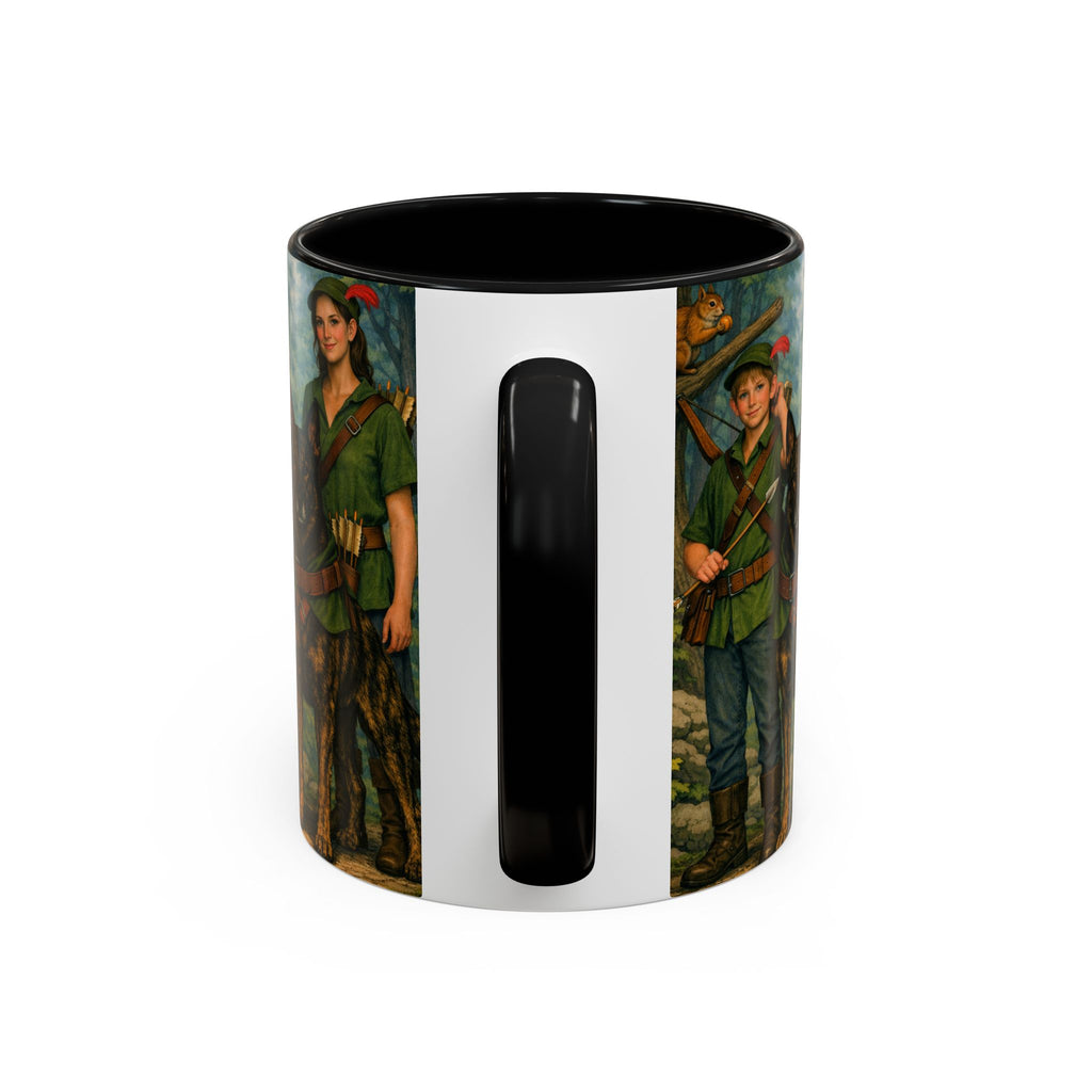 Robin Hood Duo &  Dutch Shepherd Dog Coffee Mug – Fantasy Archer Duo Illustration, Gift for Adventure Fans
