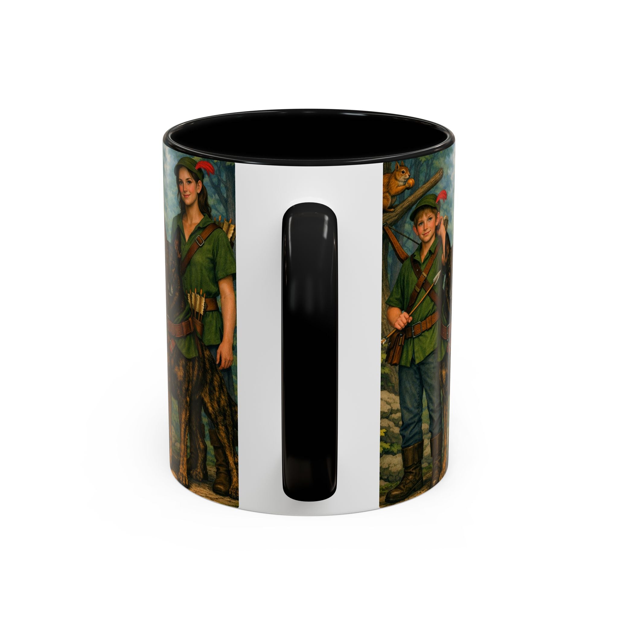 Robin Hood Duo &  Dutch Shepherd Dog Coffee Mug – Fantasy Archer Duo Illustration, Gift for Adventure Fans