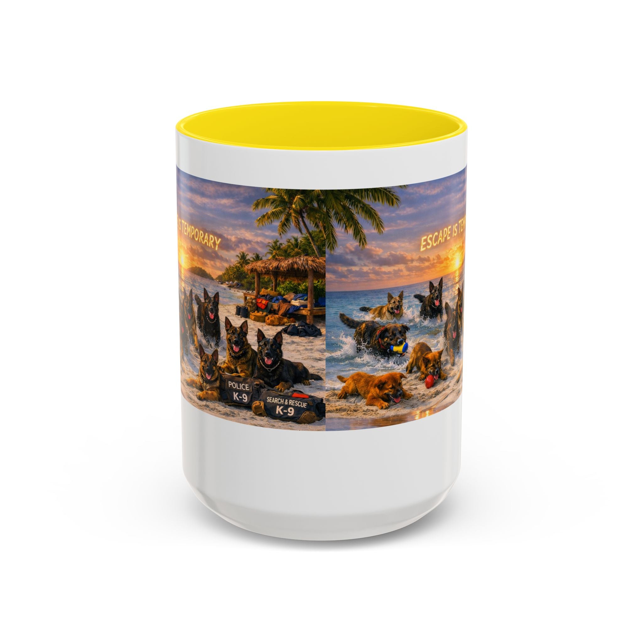 Dutch Shepherd Beach Coffee Mug — "Escape Is Temporary" Accent Mug (11/15oz)