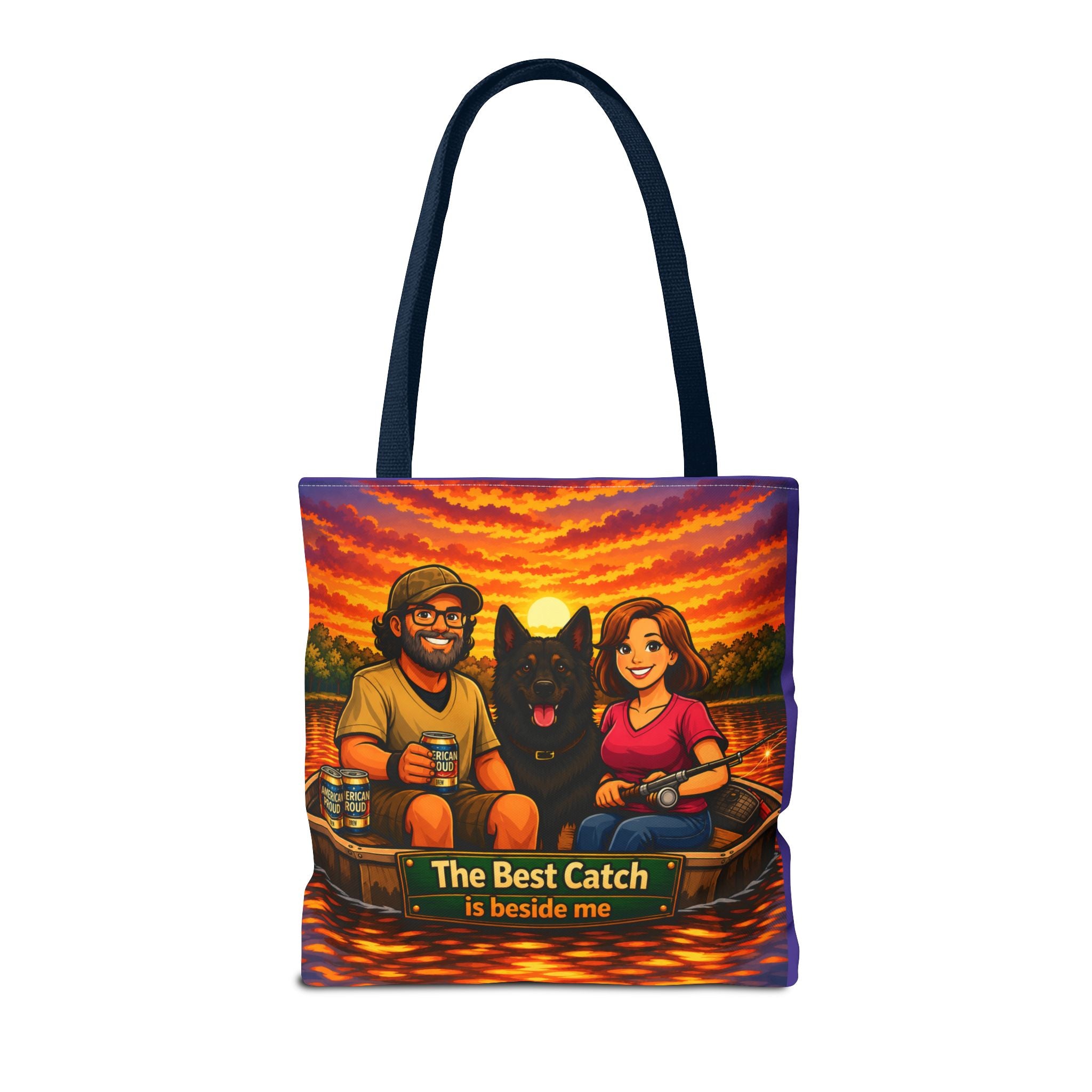 Tote Bag — "The Best Catch Is Beside Me" Fishing Couple & Dog Sunset Tote