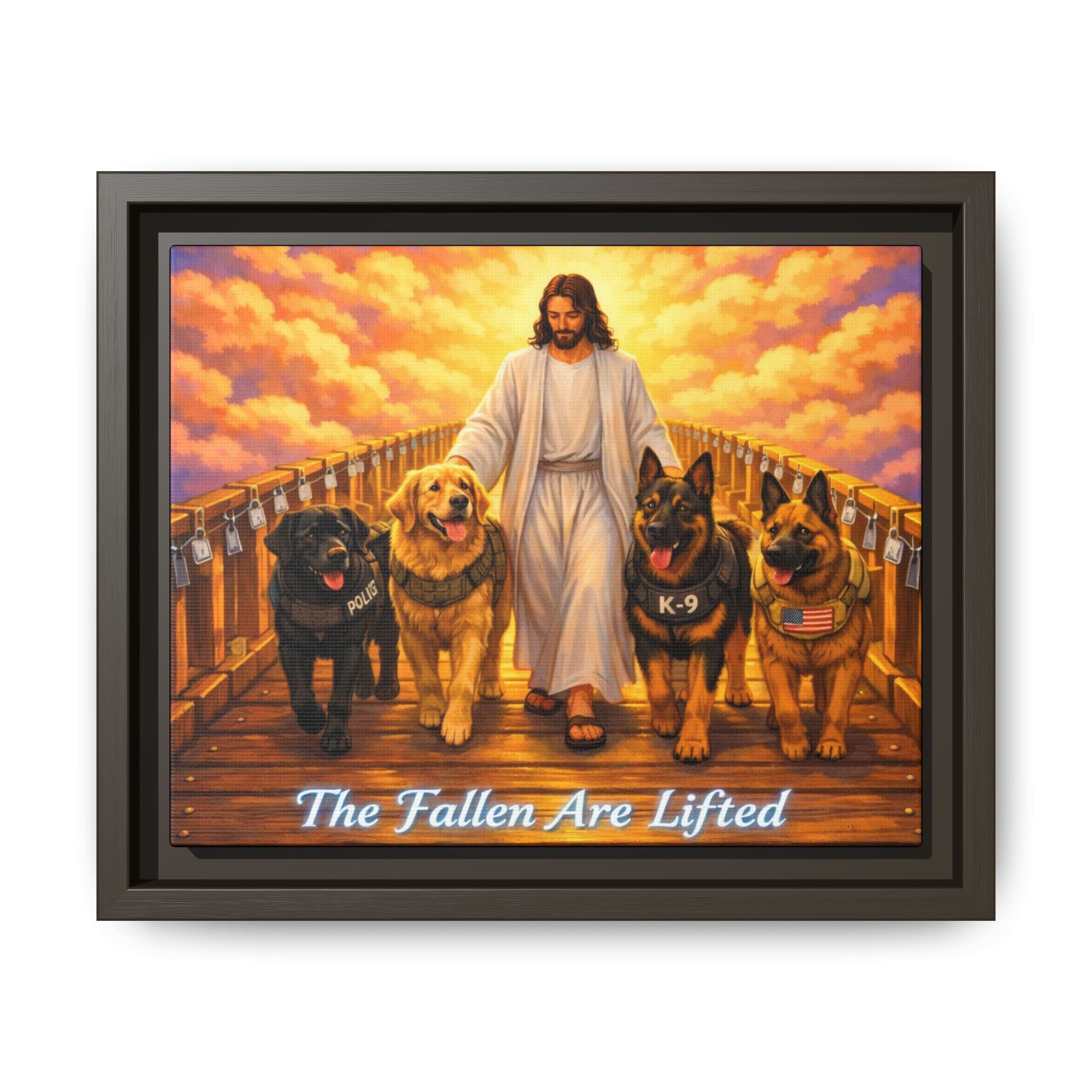 Framed Canvas Wall Art – “The Fallen Are Lifted” Jesus with K-9 Dogs Memorial Print