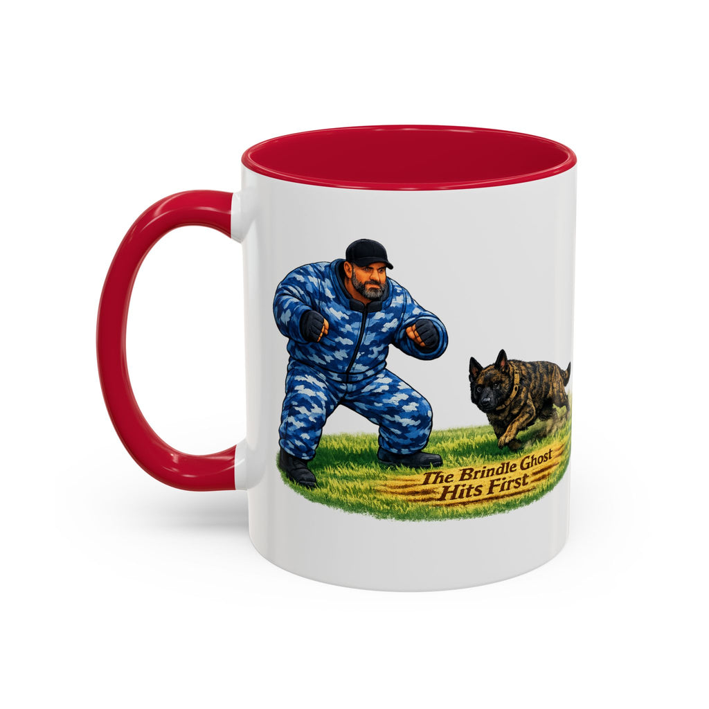 K9 Protection Trainer Mug — “The Brindle Ghost Hits First” Color Accent Coffee Cup (11oz/15oz)